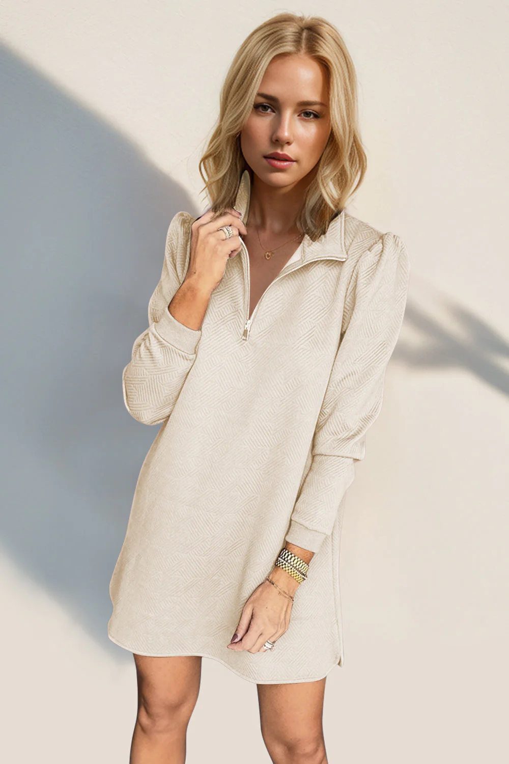 Double Take Textured Quarter Zip Long Sleeve Dress - Image 5