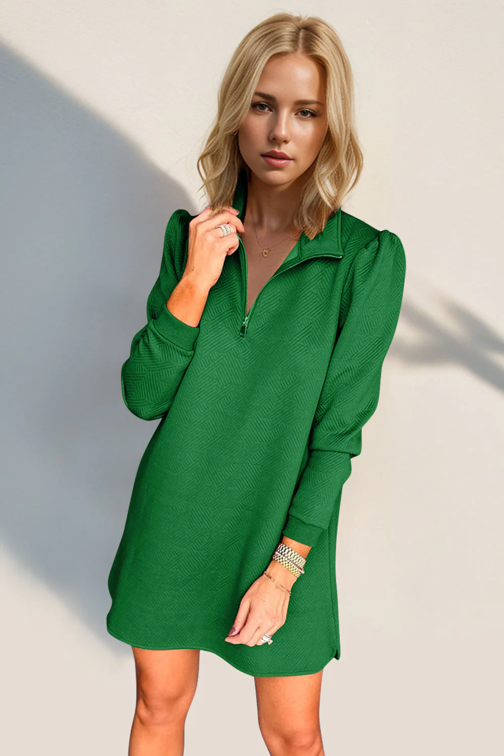 Double Take Textured Quarter Zip Long Sleeve Dress - Image 7