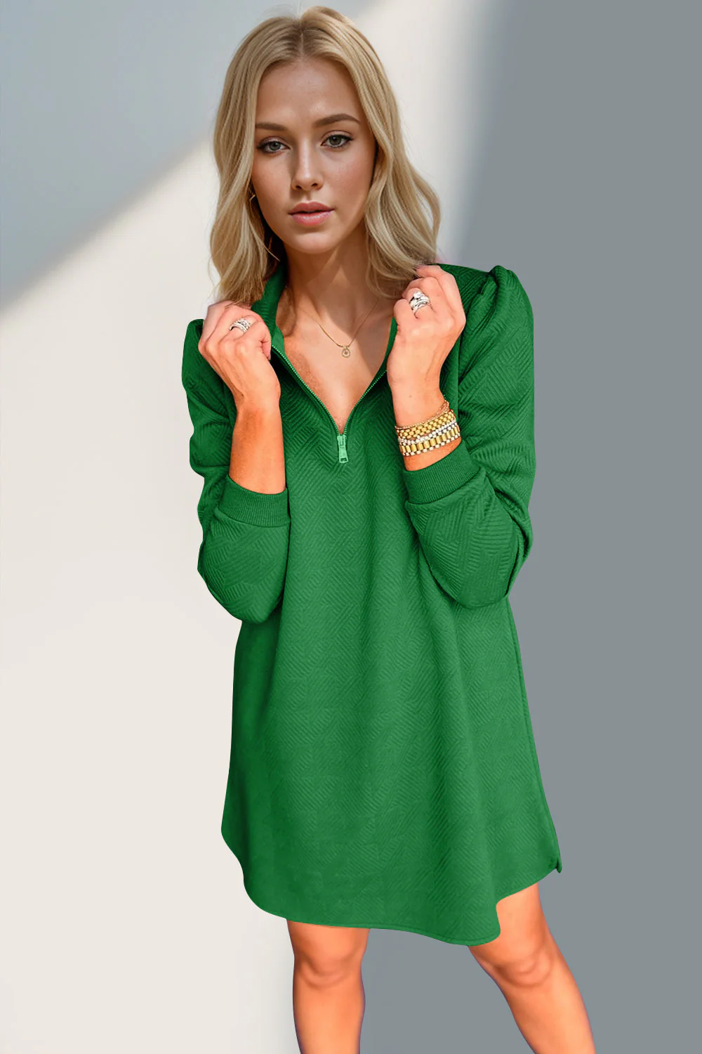 Double Take Textured Quarter Zip Long Sleeve Dress - Image 8