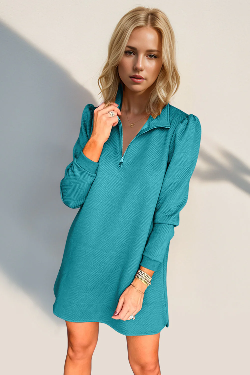 Double Take Textured Quarter Zip Long Sleeve Dress - Image 9