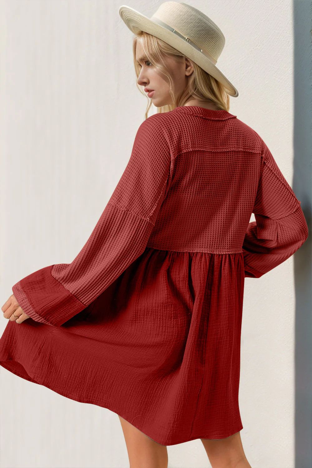 Double Take Waffle-Knit Contrast Half Button V-Neck Long Sleeve Mini Dress - Image 2