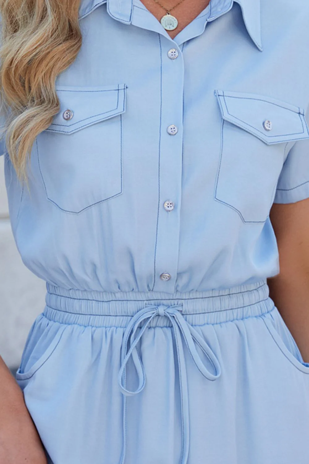 Drawstring Collared Neck Short Sleeve Denim Dress - Image 2