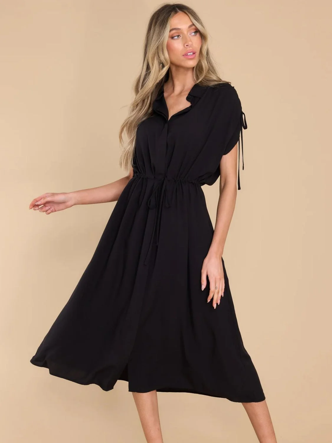 Drawstring Collared Neck Short Sleeve Midi Dress - Image 10