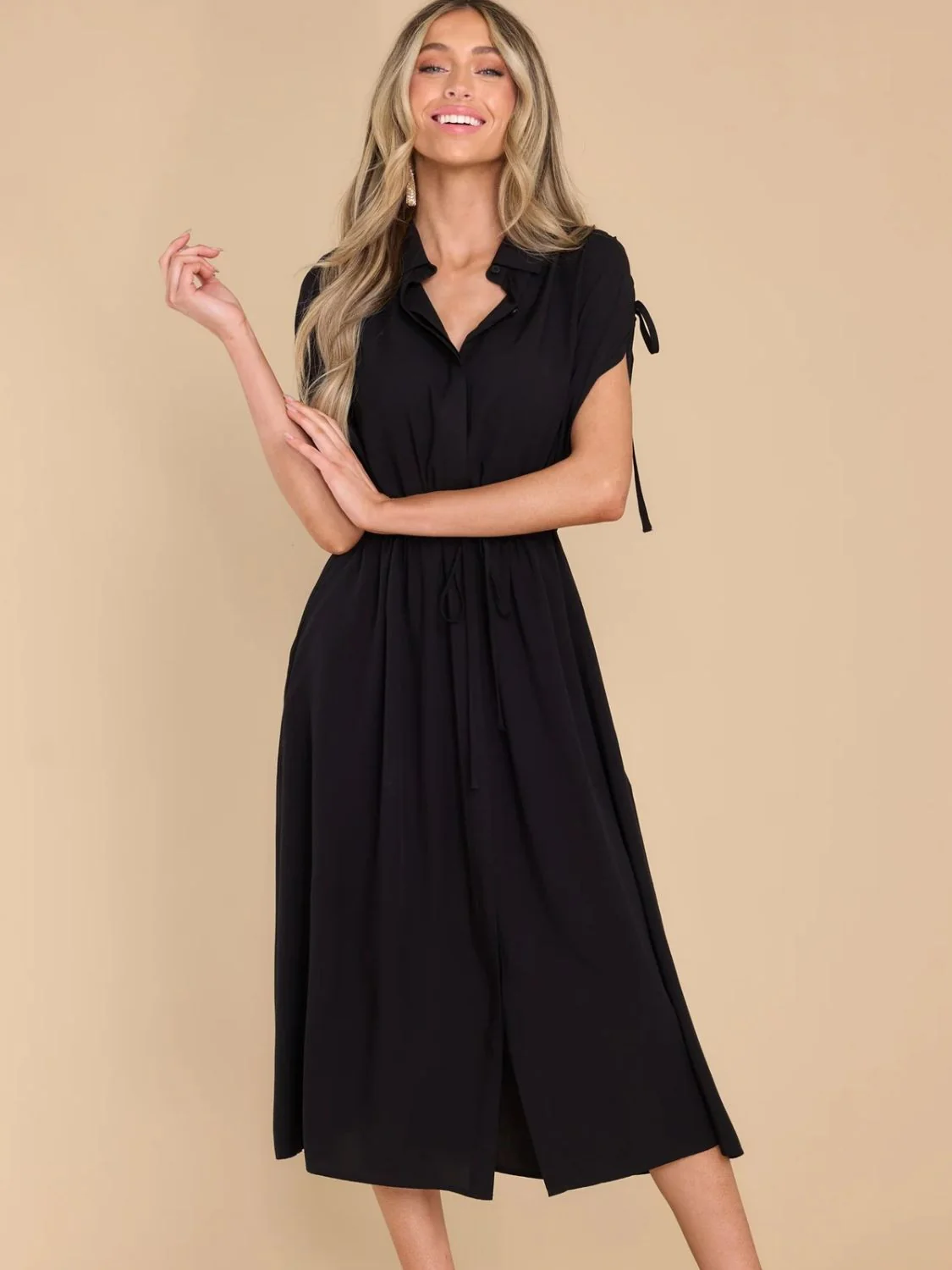 Drawstring Collared Neck Short Sleeve Midi Dress - Image 11