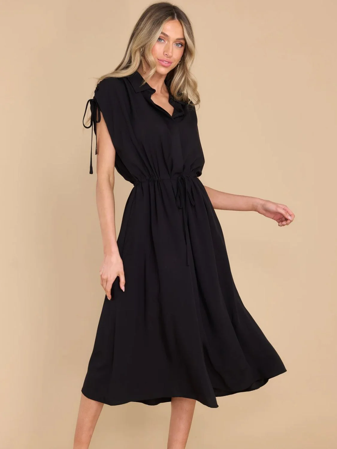 Drawstring Collared Neck Short Sleeve Midi Dress - Image 12