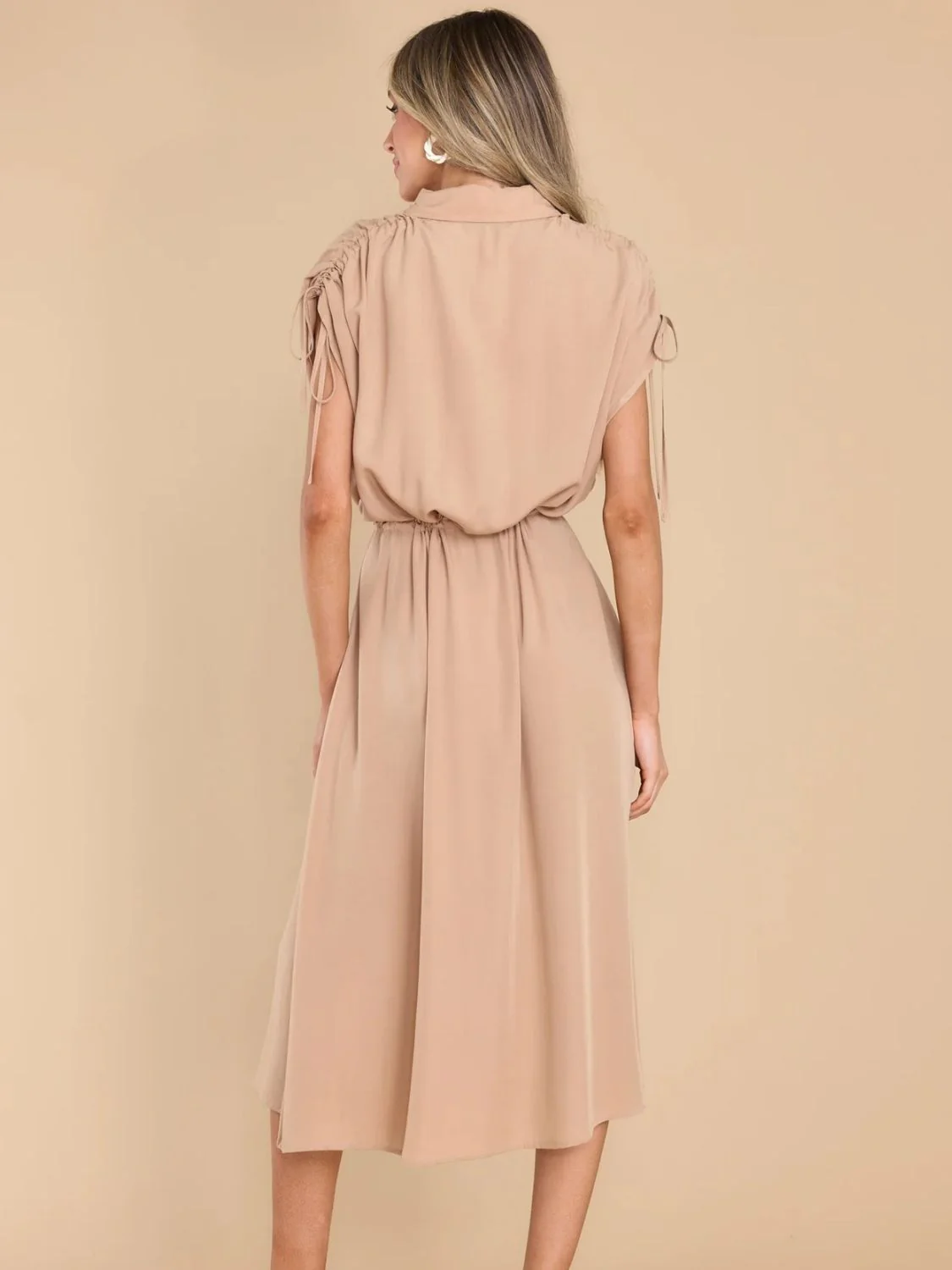 Drawstring Collared Neck Short Sleeve Midi Dress - Image 2