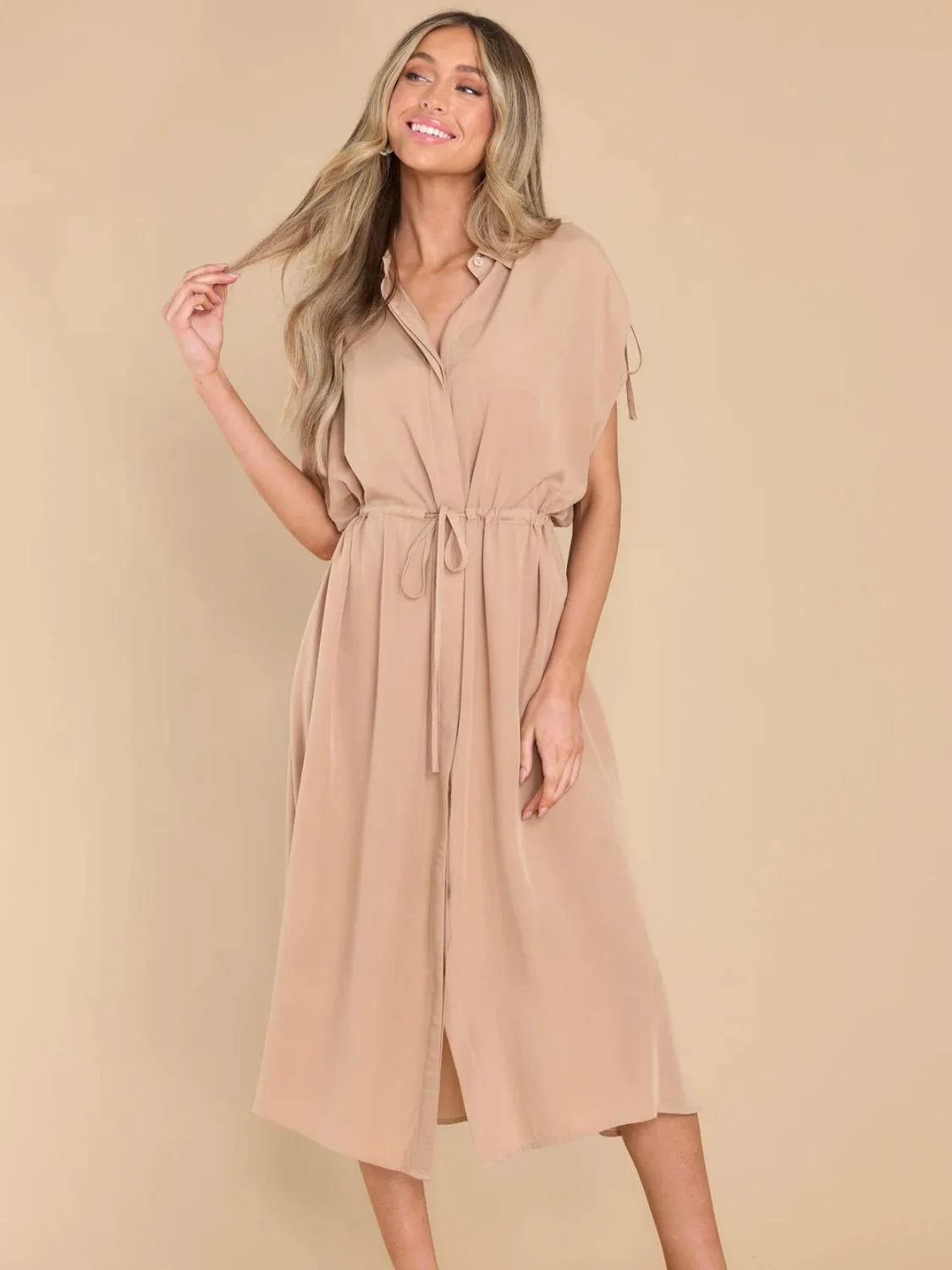 Drawstring Collared Neck Short Sleeve Midi Dress - Image 3