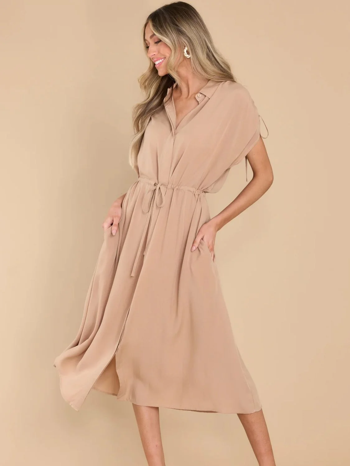 Drawstring Collared Neck Short Sleeve Midi Dress - Image 4