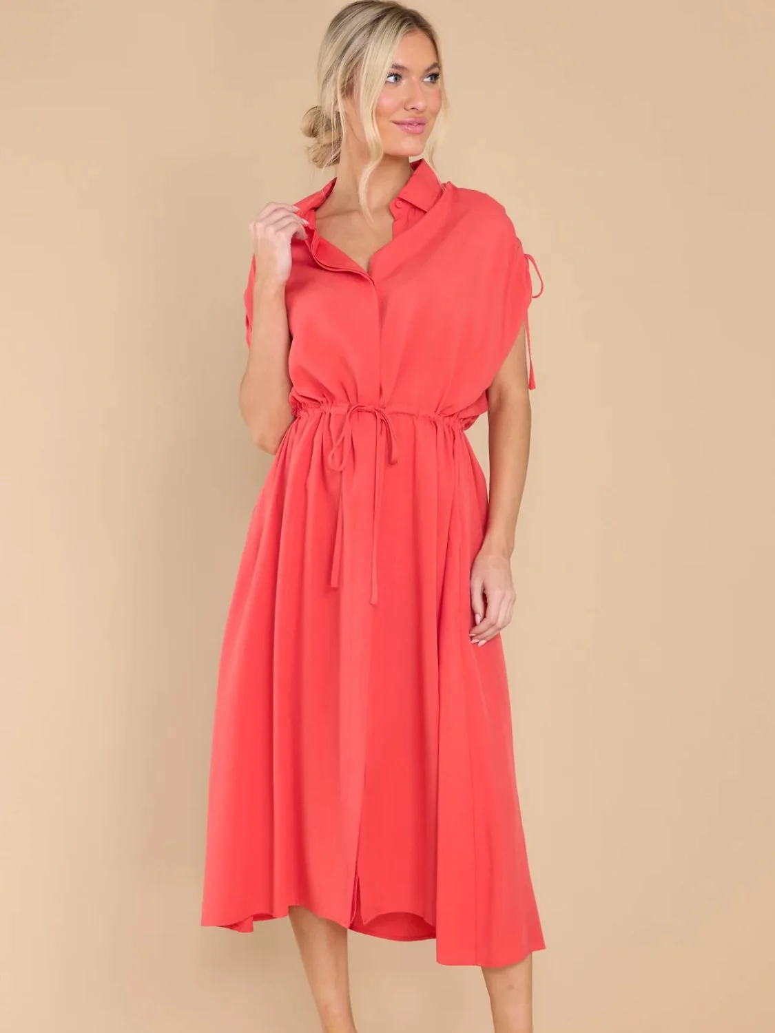 Drawstring Collared Neck Short Sleeve Midi Dress - Image 5
