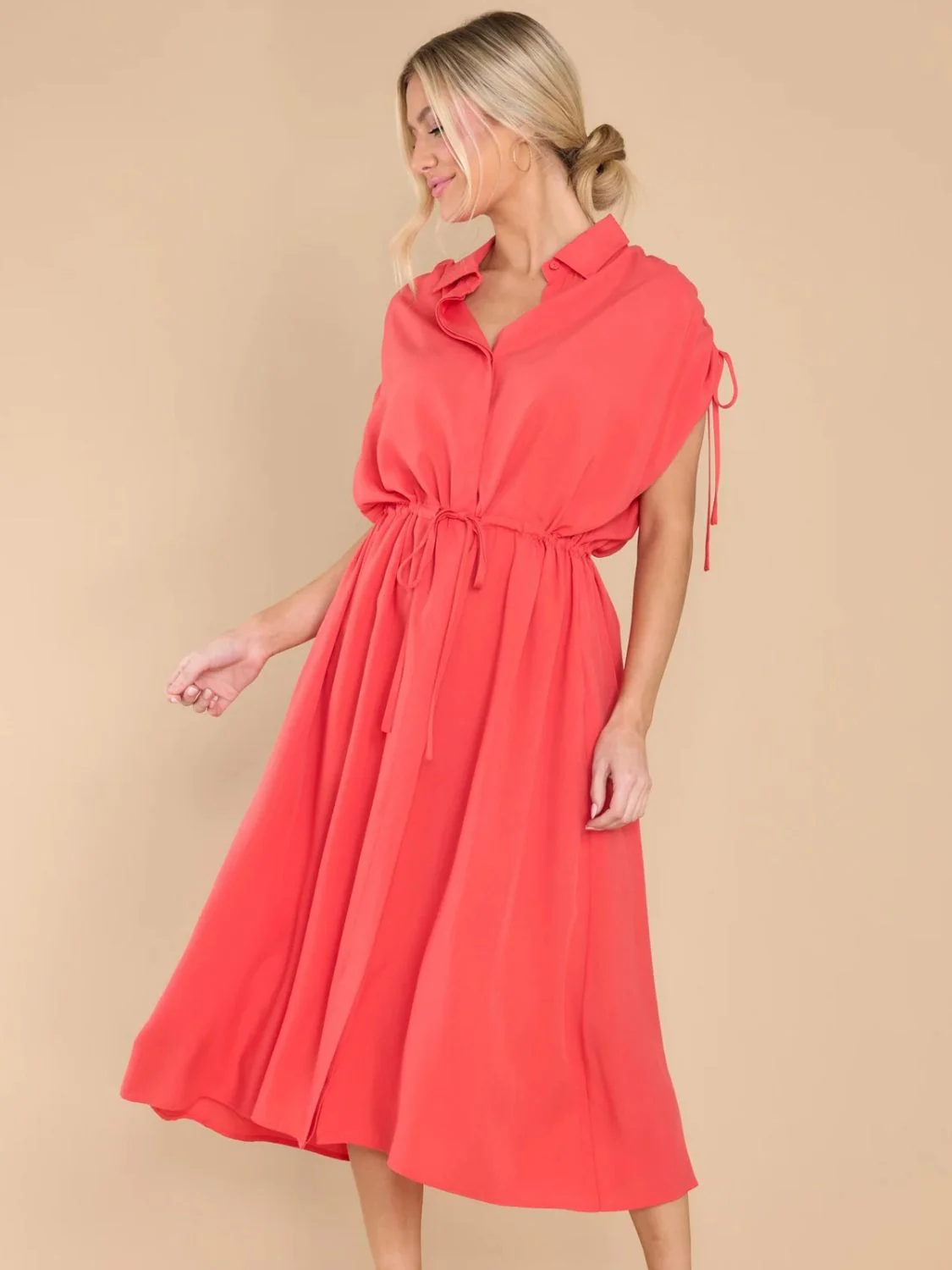 Drawstring Collared Neck Short Sleeve Midi Dress - Image 6