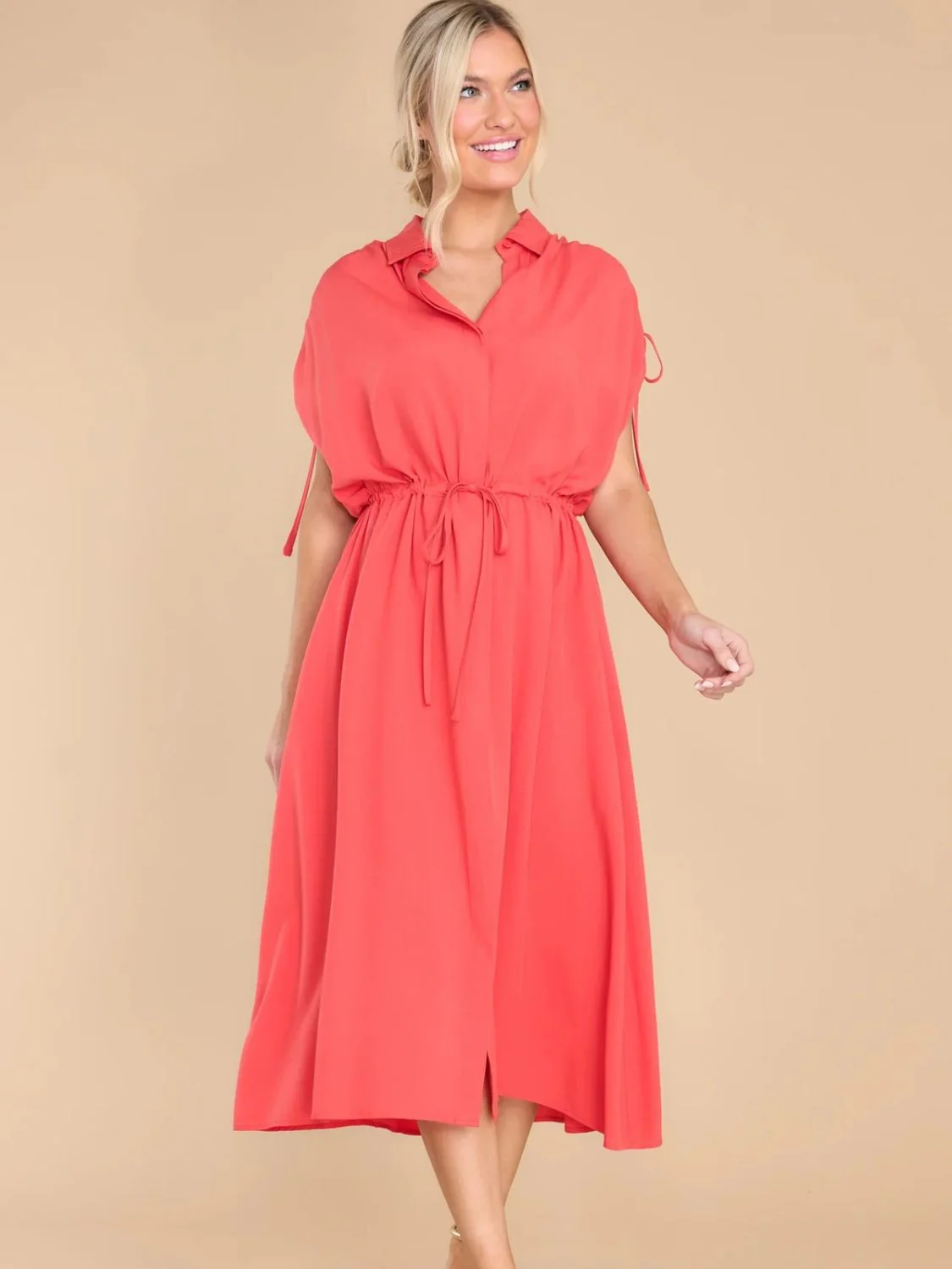 Drawstring Collared Neck Short Sleeve Midi Dress - Image 7