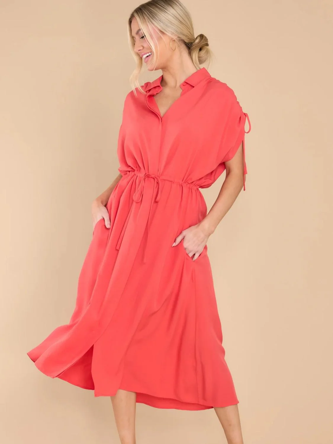Drawstring Collared Neck Short Sleeve Midi Dress - Image 8