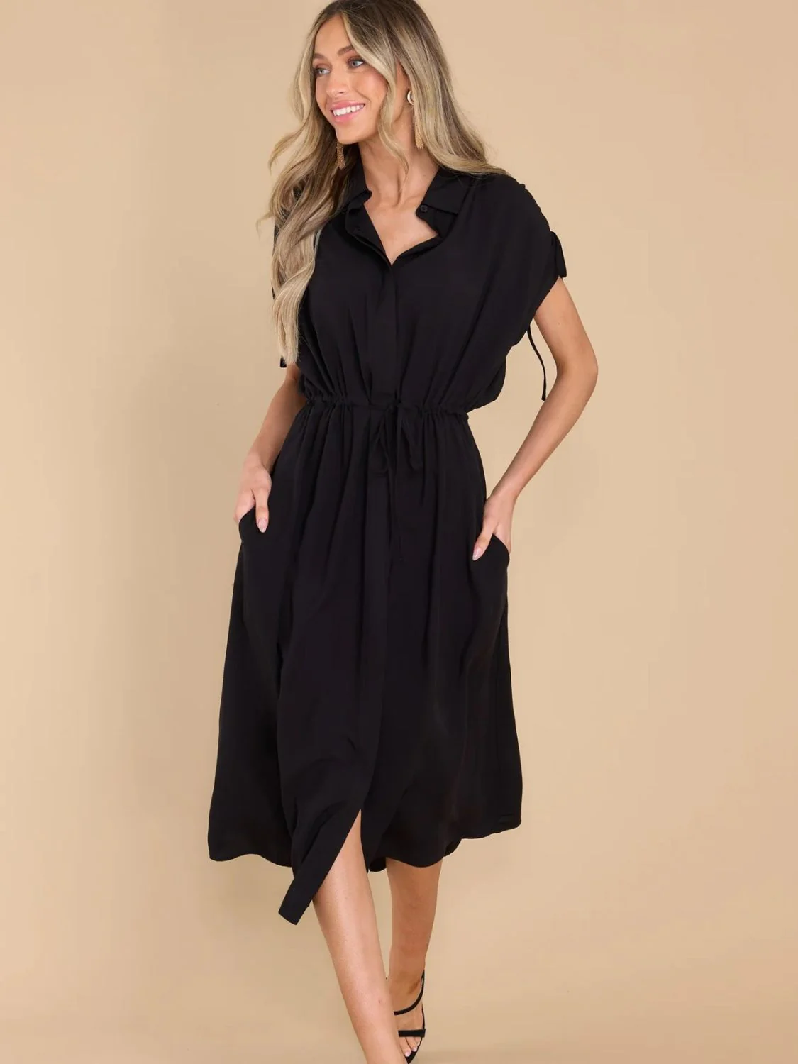 Drawstring Collared Neck Short Sleeve Midi Dress - Image 9