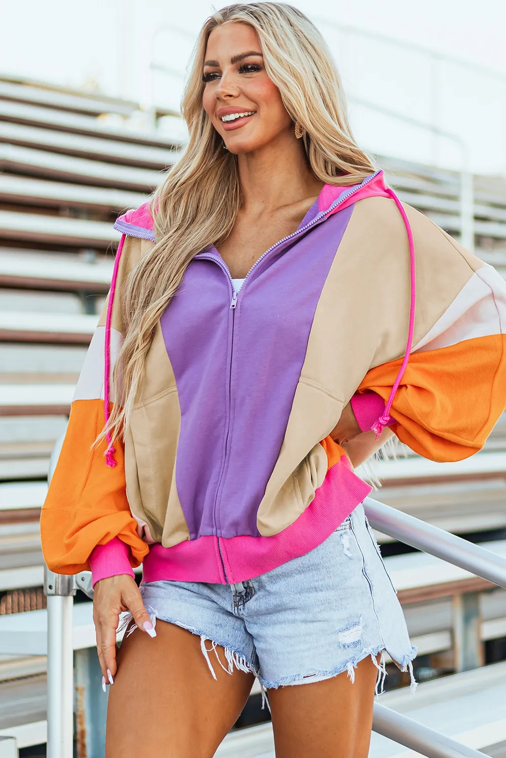 Drawstring Color Block Zip Up Long Sleeve Hoodie - Image 4