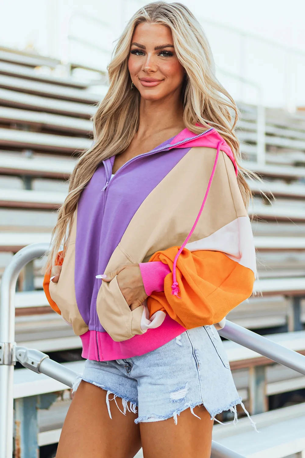 Drawstring Color Block Zip Up Long Sleeve Hoodie - Image 5