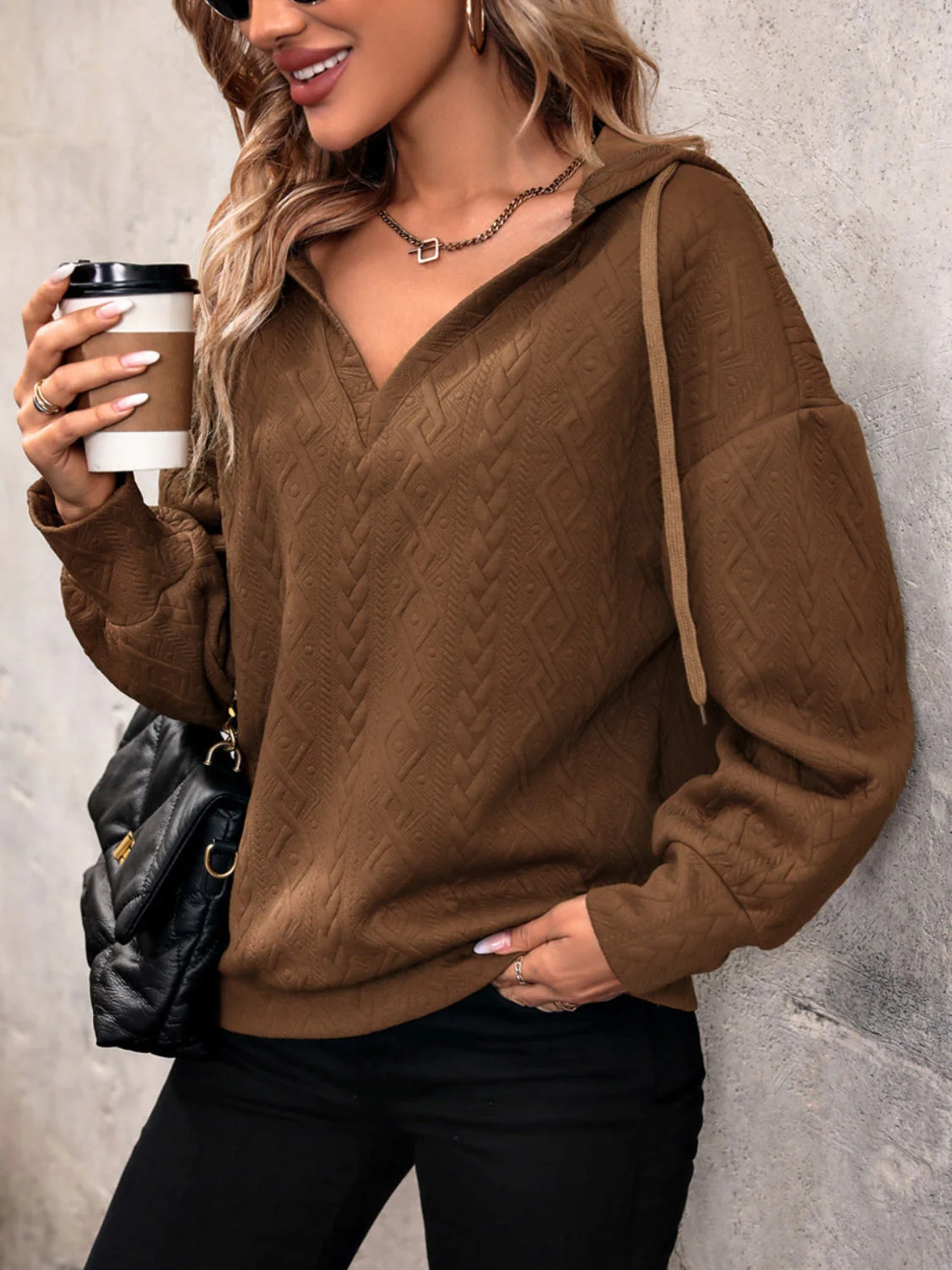 Drawstring Dropped Shoulder Long Sleeve Hoodie - Image 4