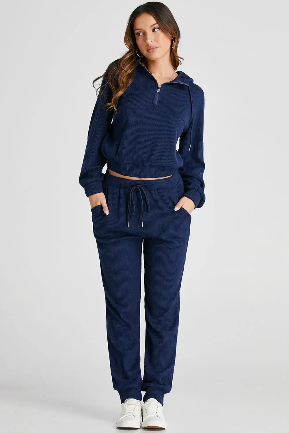 Drawstring Half Zip Hoodie and Joggers Active Set - Image 2