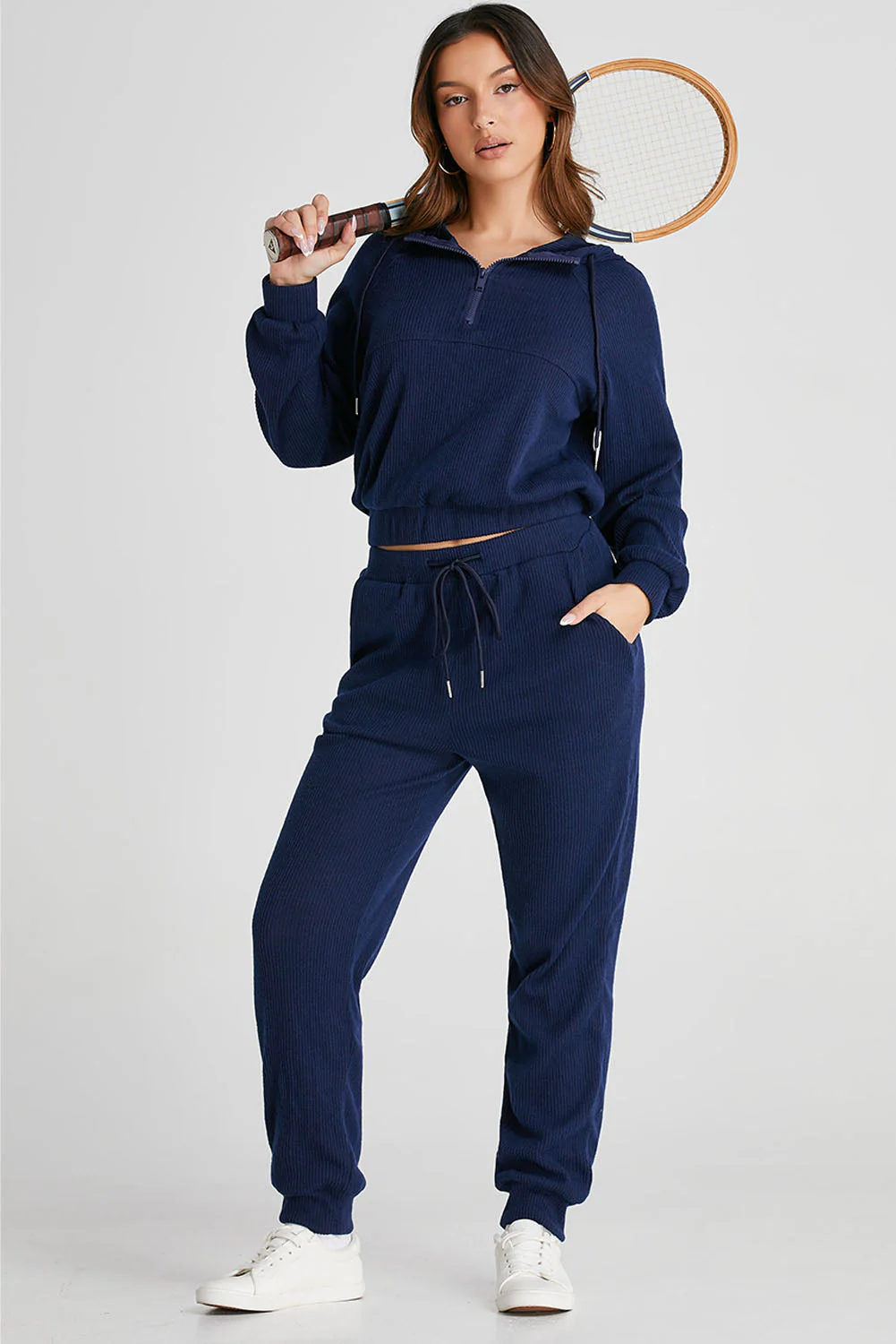 Drawstring Half Zip Hoodie and Joggers Active Set - Image 3