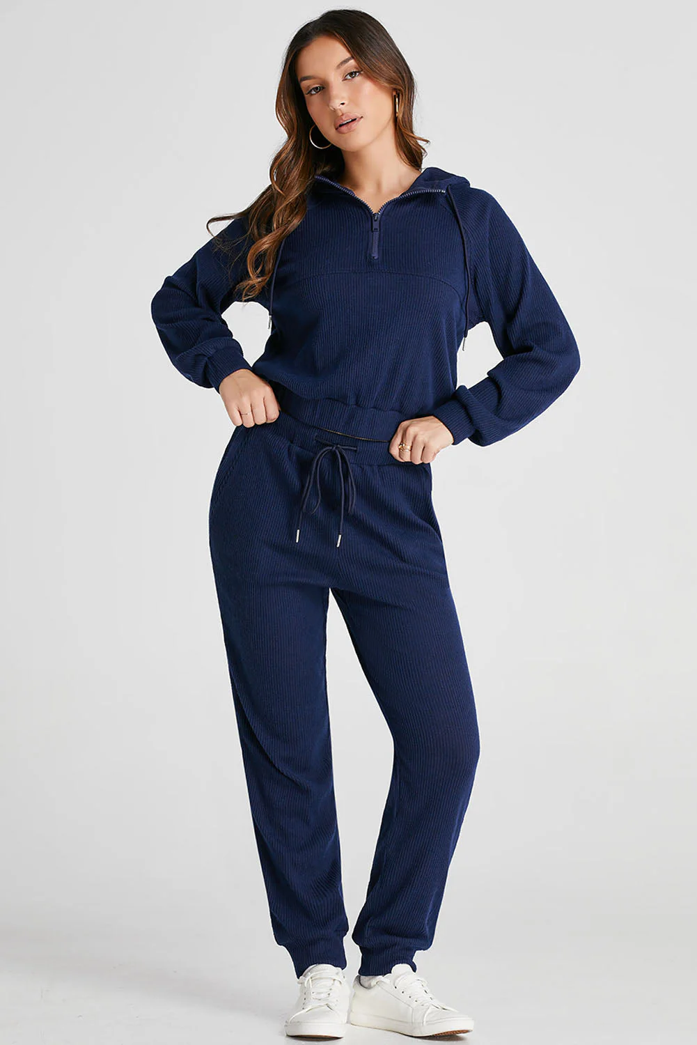 Drawstring Half Zip Hoodie and Joggers Active Set - Image 4