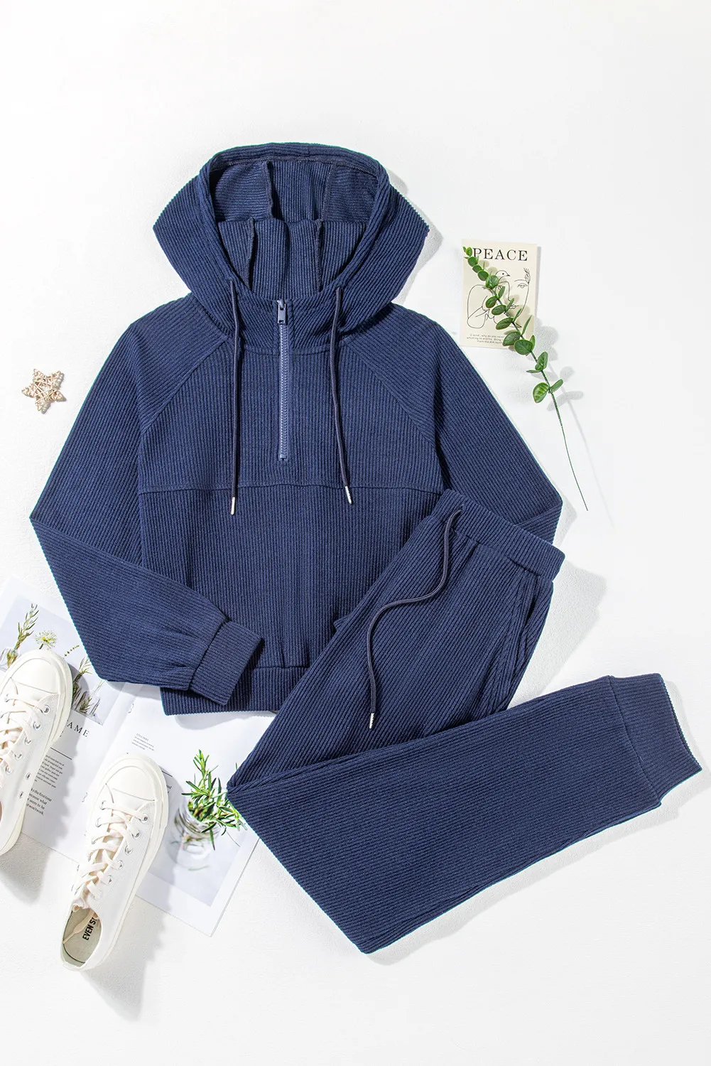 Drawstring Half Zip Hoodie and Joggers Active Set - Image 6