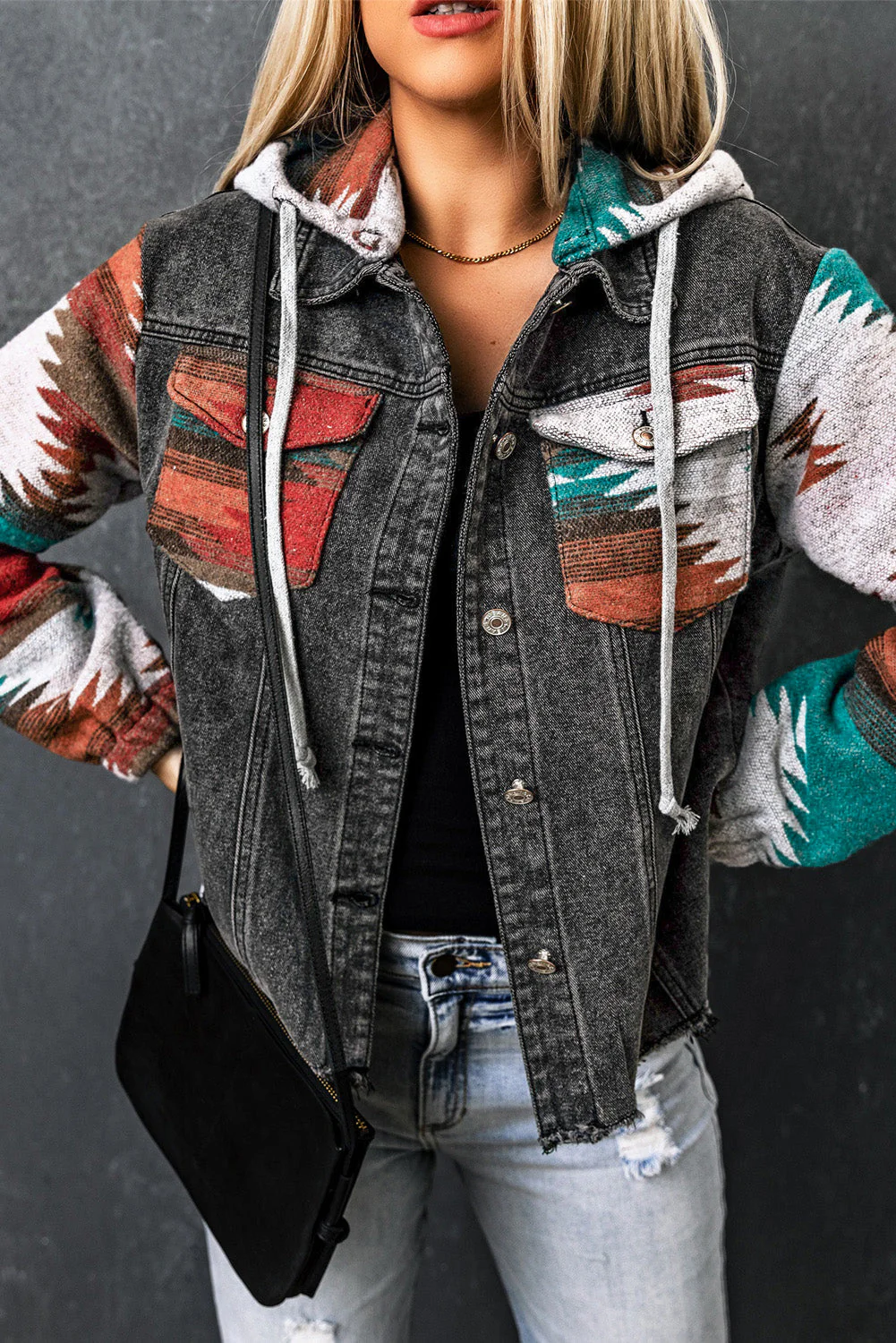 Drawstring Hooded Pocketed Denim Jacket - Image 4