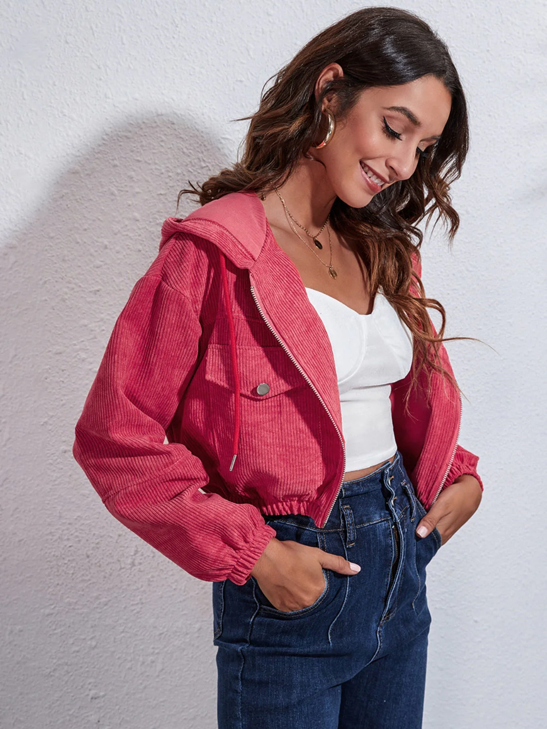 Drawstring Hooded Zip Up Jacket with Pockets - Image 13