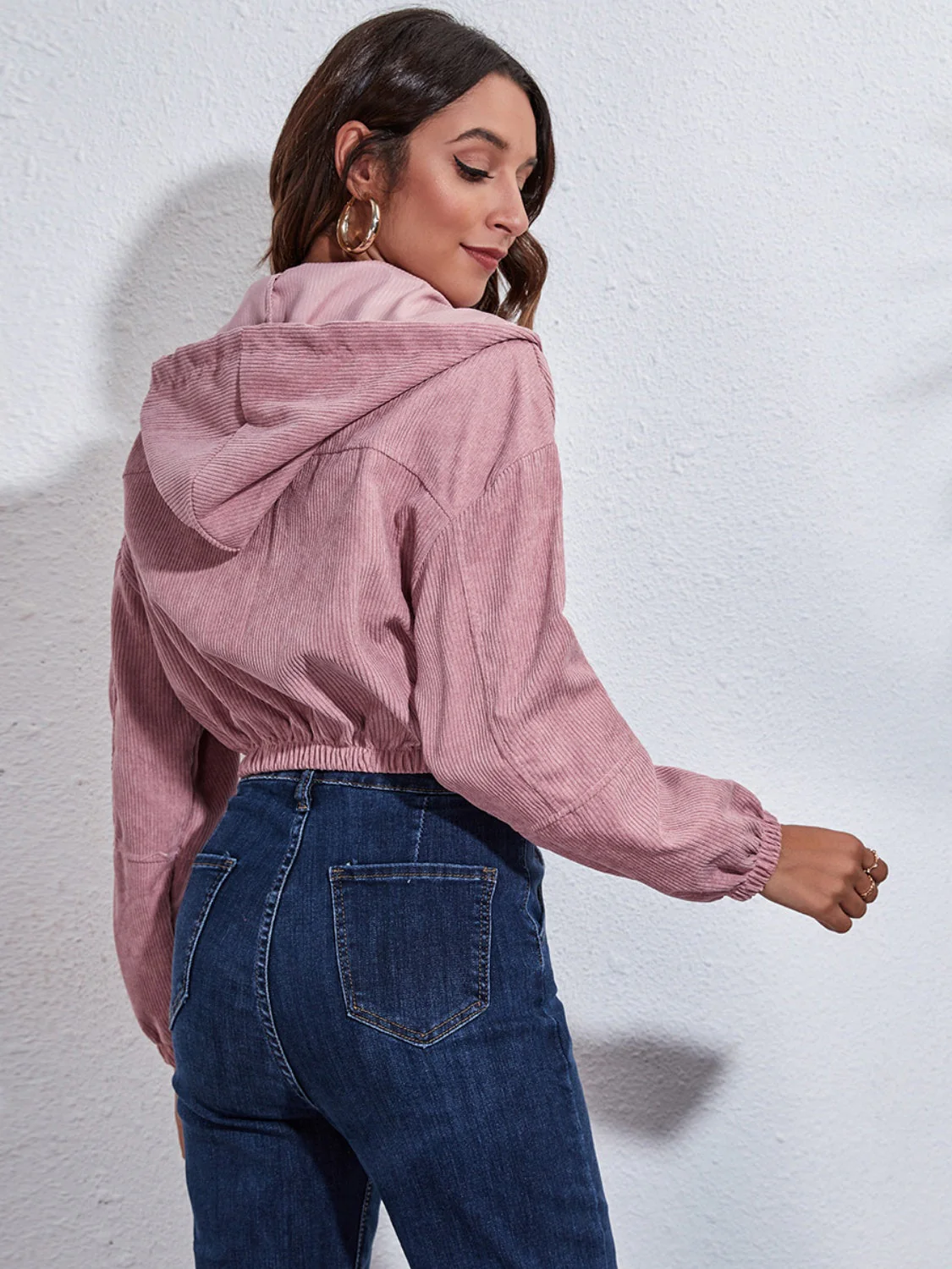 Drawstring Hooded Zip Up Jacket with Pockets - Image 2