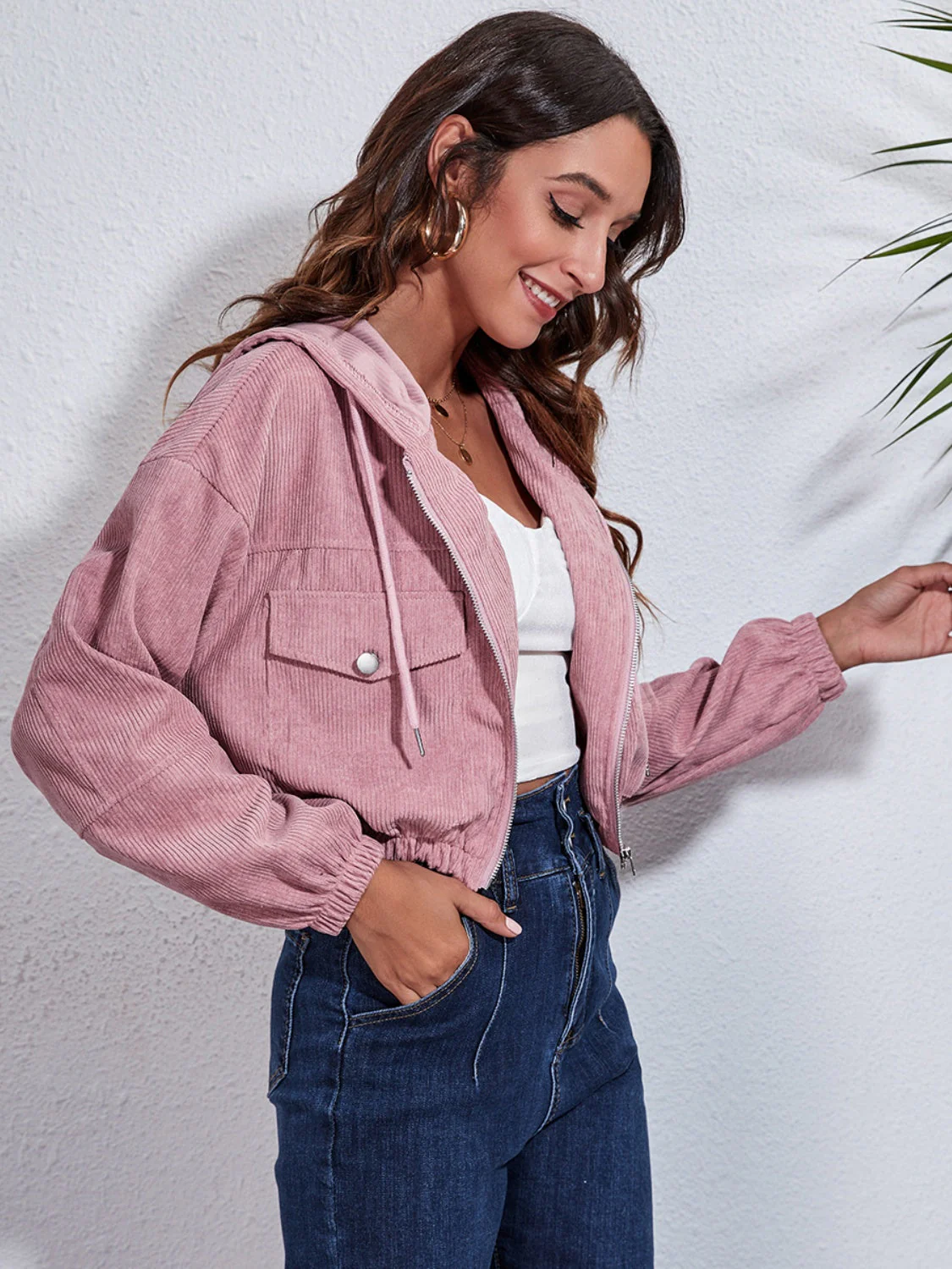 Drawstring Hooded Zip Up Jacket with Pockets - Image 3