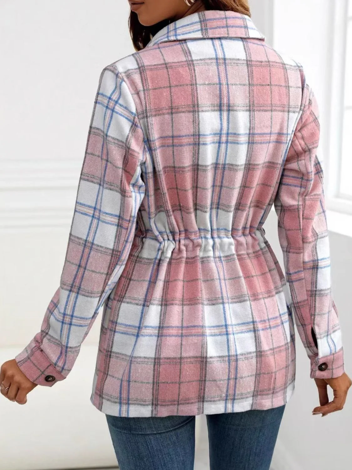 Drawstring Plaid Button Up Jacket with Chest Pockets - Image 2