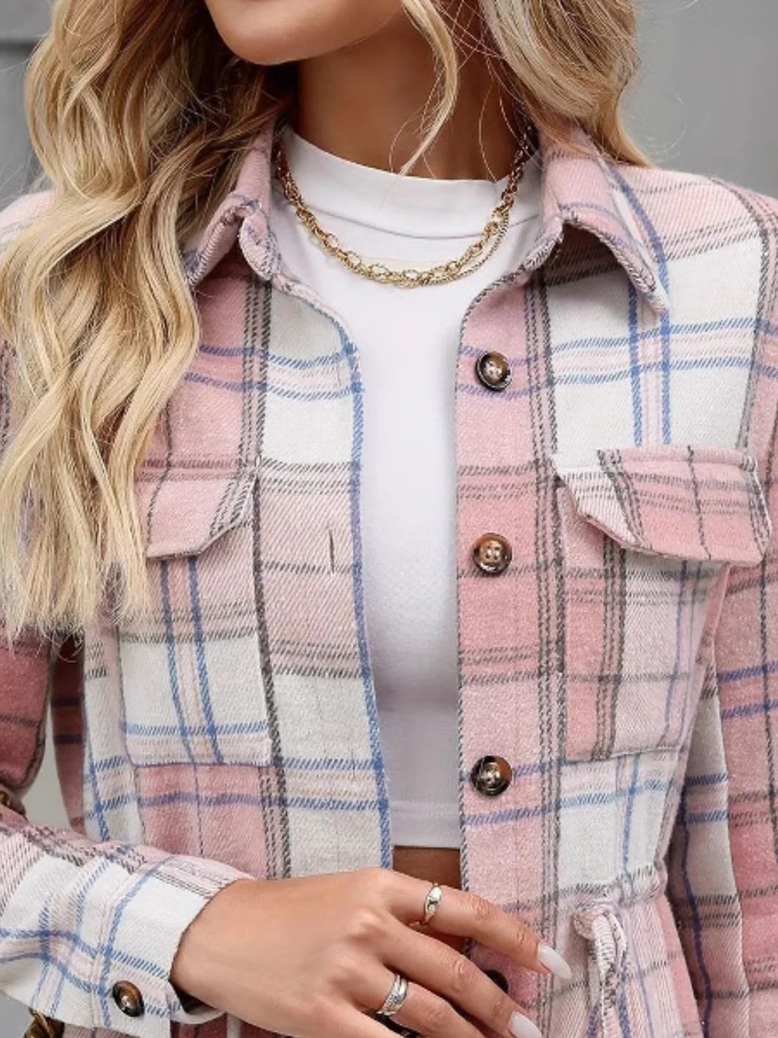 Drawstring Plaid Button Up Jacket with Chest Pockets - Image 3