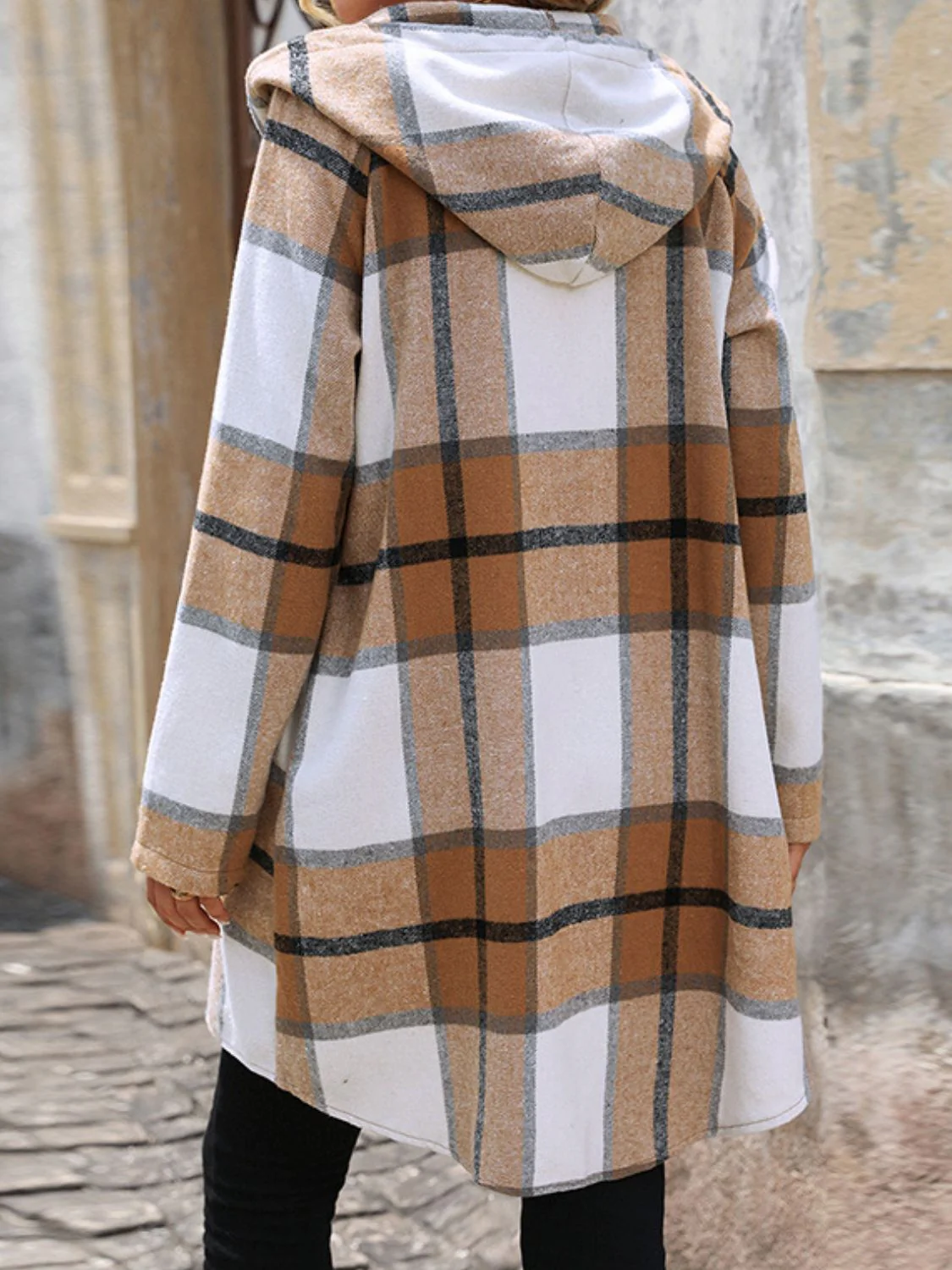 Drawstring Plaid Zip Up Long Sleeve Hooded Outerwear - Image 2