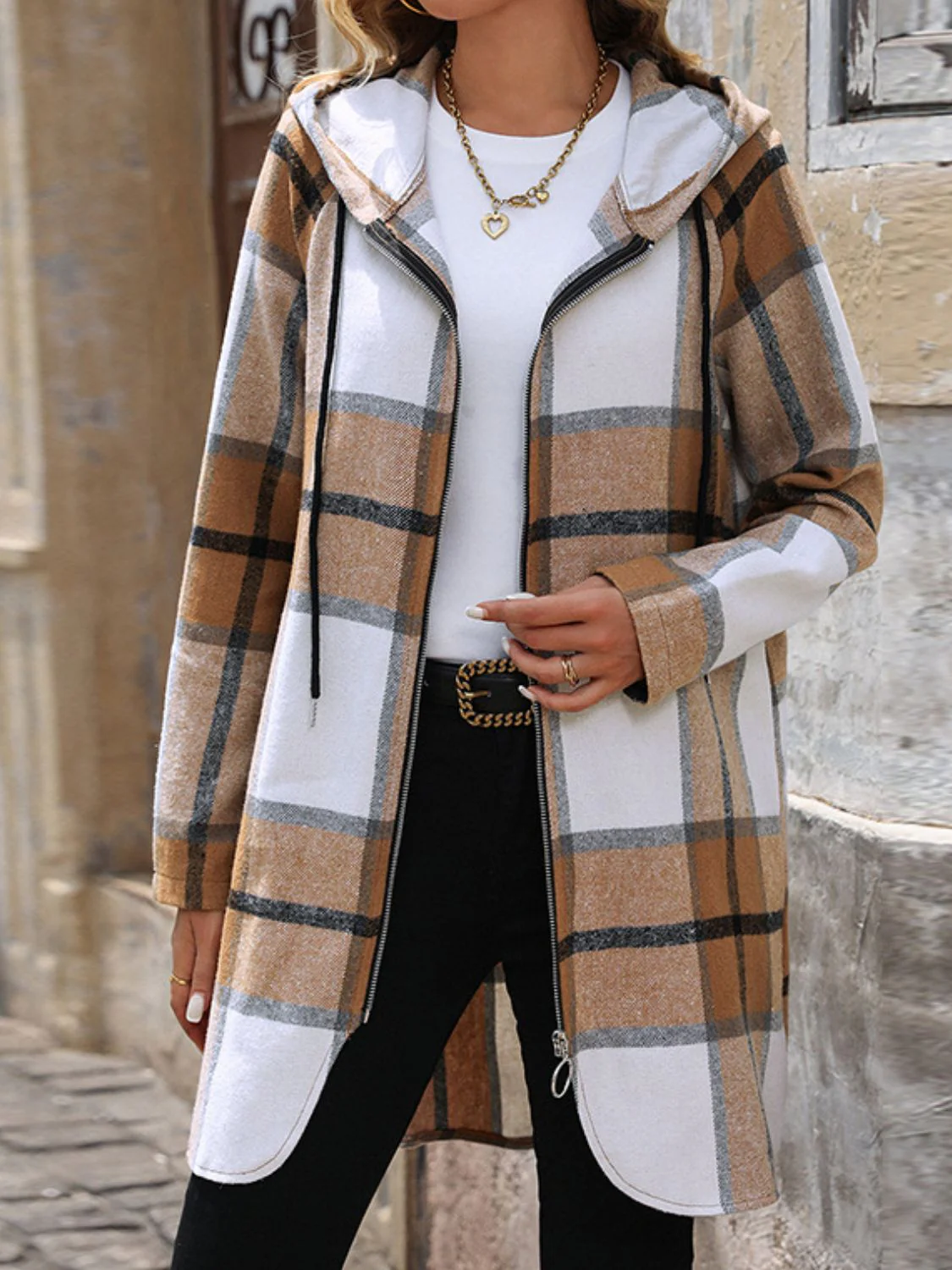 Drawstring Plaid Zip Up Long Sleeve Hooded Outerwear - Image 3