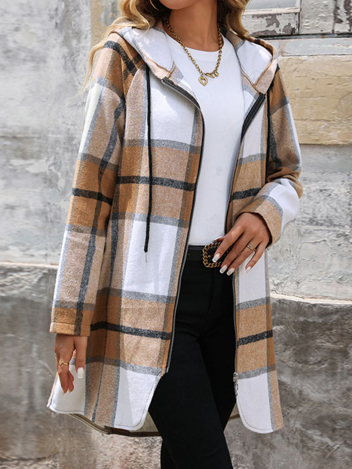 Drawstring Plaid Zip Up Long Sleeve Hooded Outerwear - Image 4