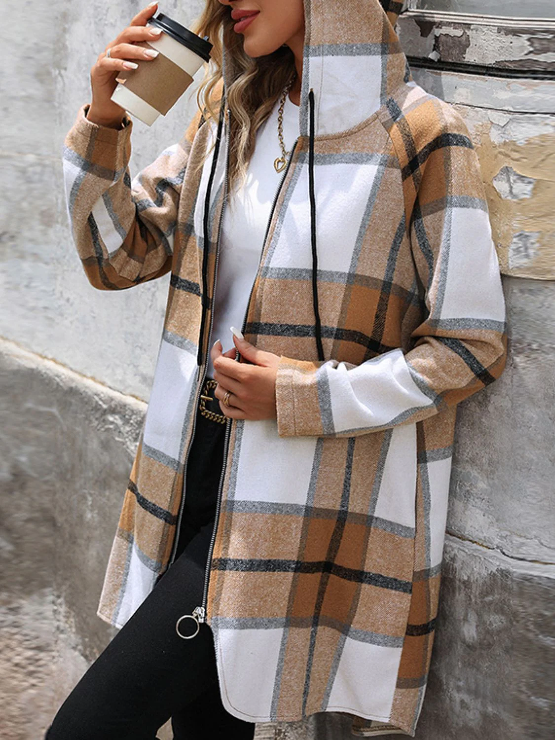 Drawstring Plaid Zip Up Long Sleeve Hooded Outerwear - Image 5