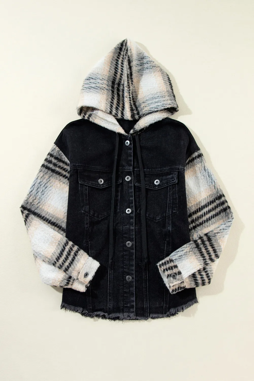 Drawstring Raw Hem Button Up Hooded Denim Jacket - Image 5