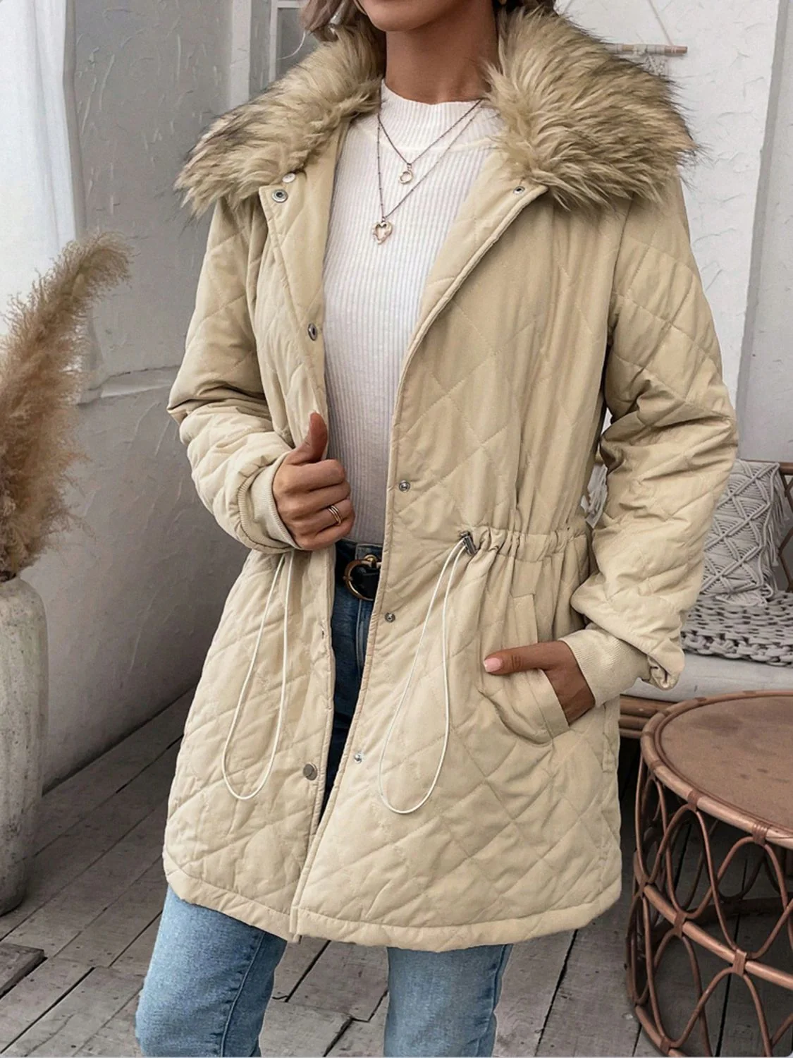 Drawstring Snap Down Long Sleeve Outerwear - Image 3