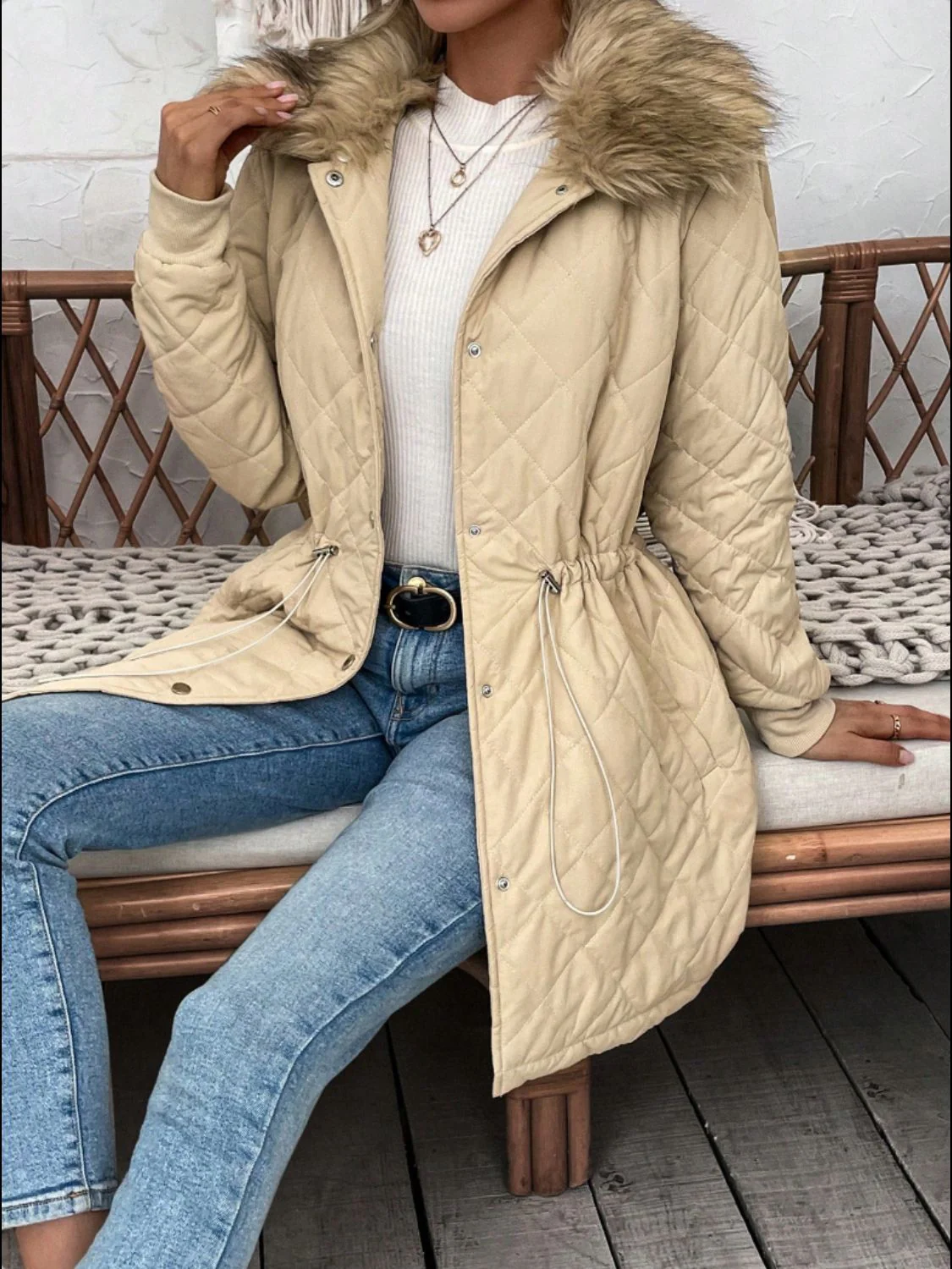 Drawstring Snap Down Long Sleeve Outerwear - Image 4