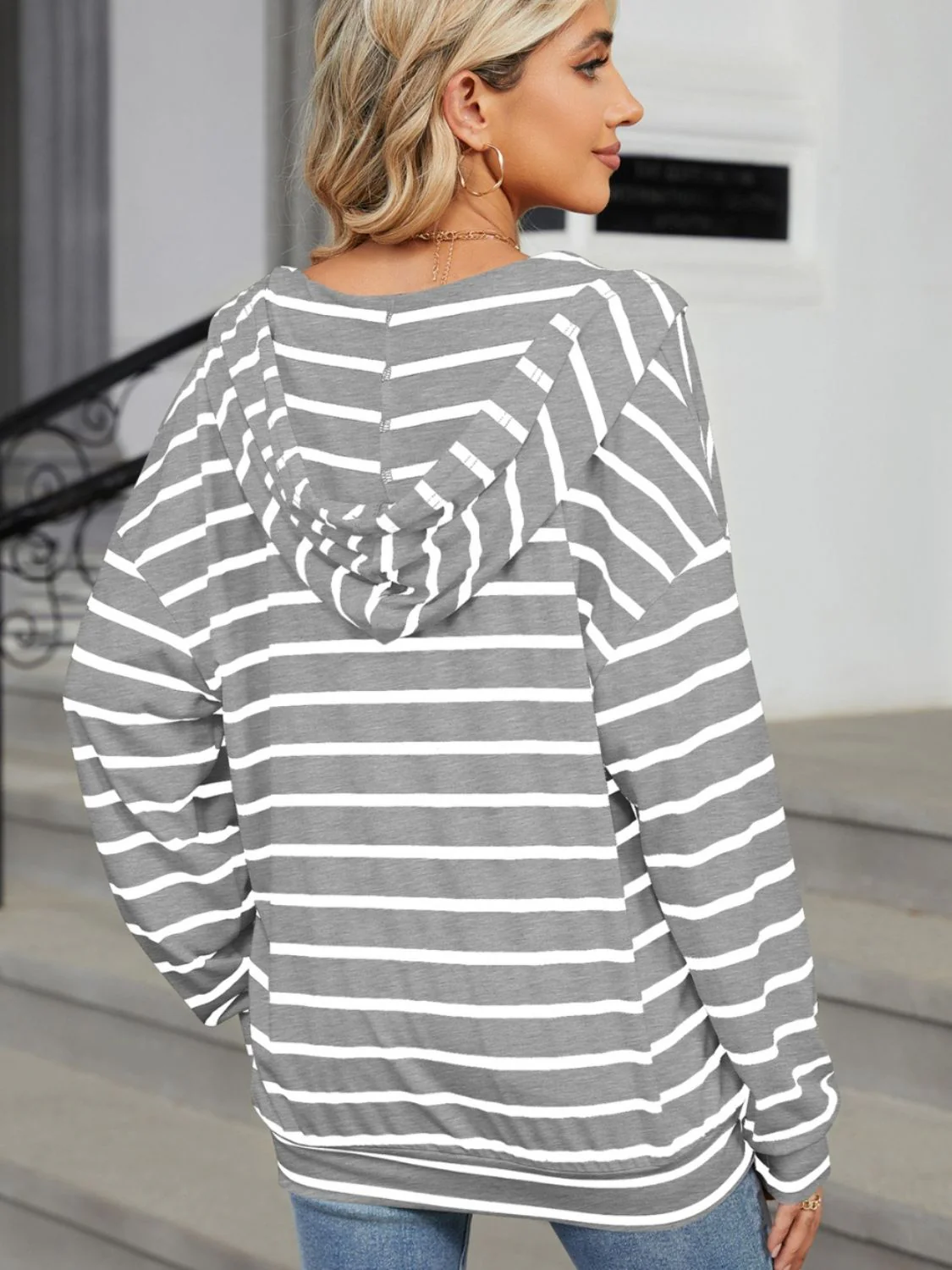 Drawstring Striped Long Sleeve Hoodie - Image 10