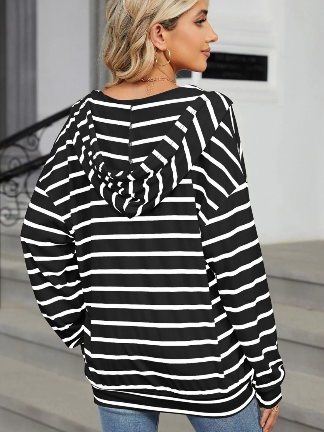 Drawstring Striped Long Sleeve Hoodie - Image 16