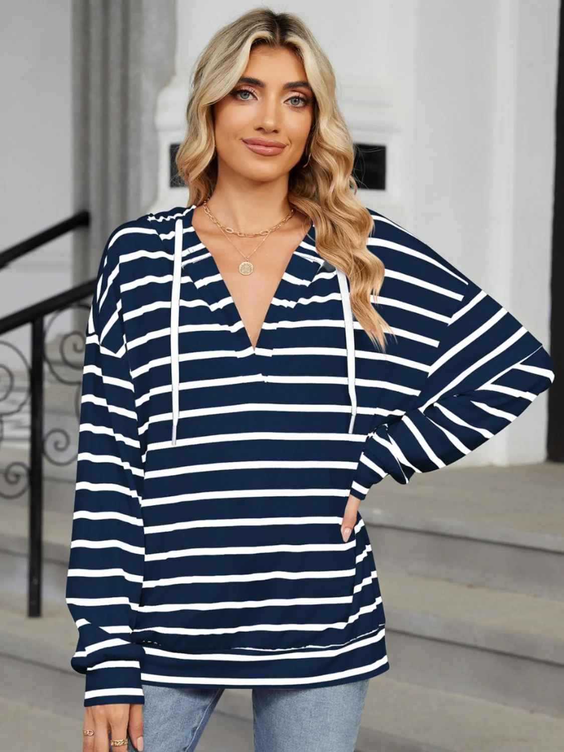 Drawstring Striped Long Sleeve Hoodie - Image 19