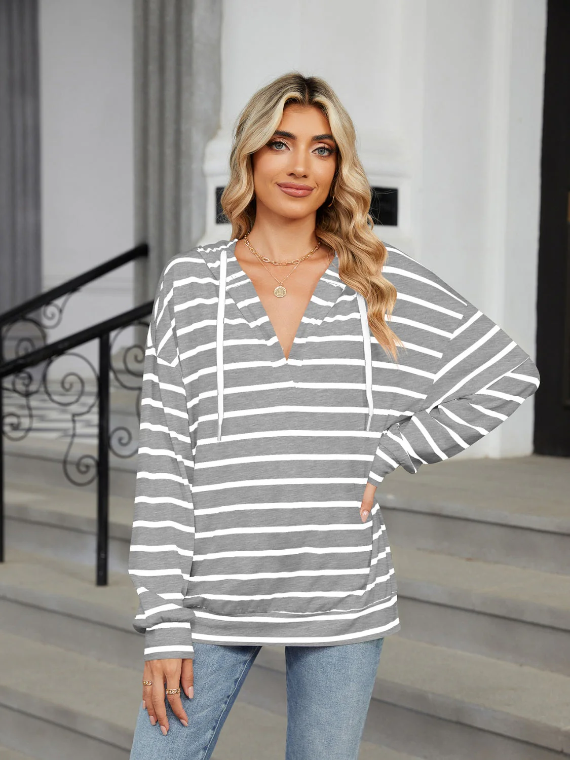 Drawstring Striped Long Sleeve Hoodie - Image 22