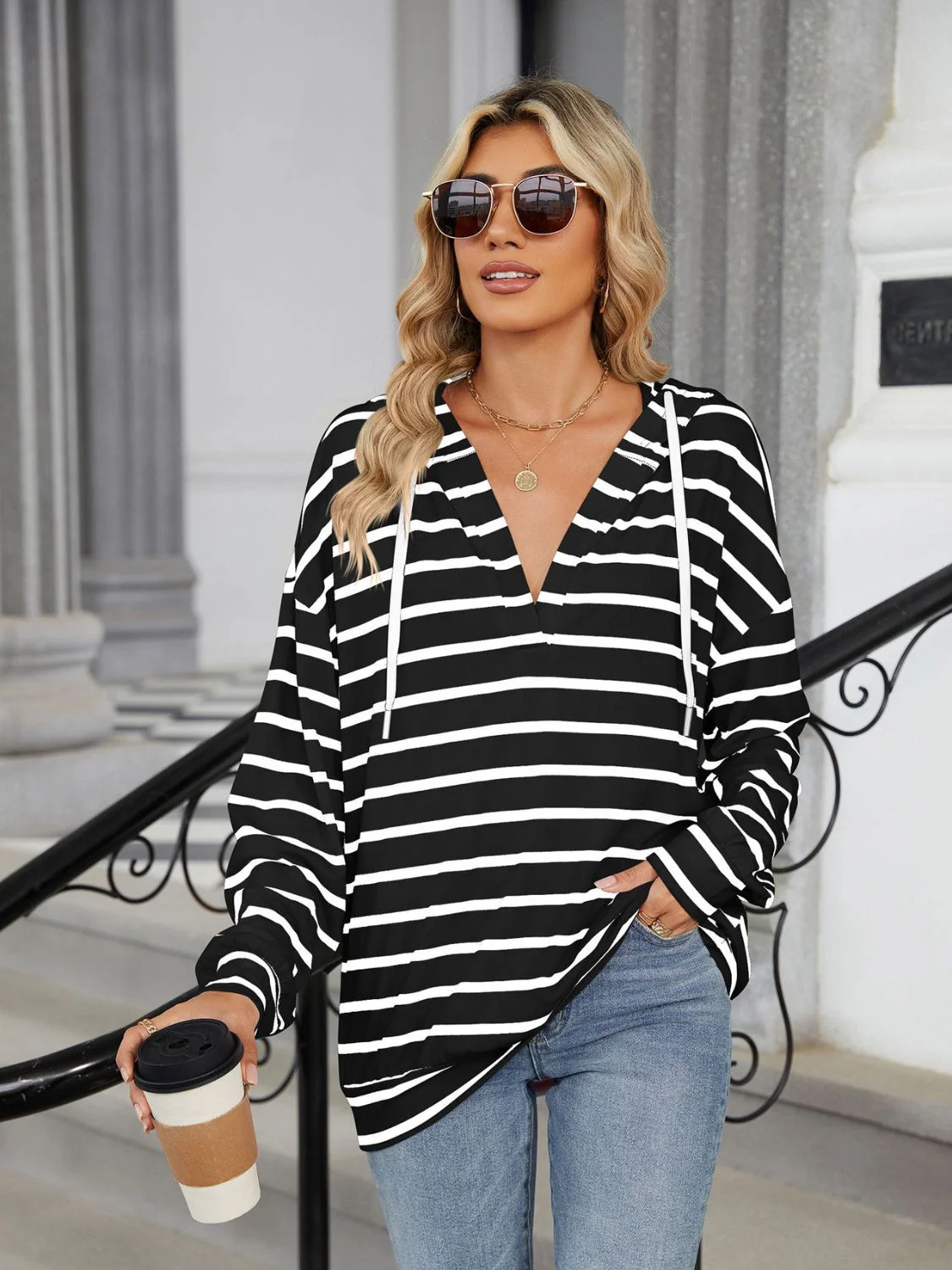 Drawstring Striped Long Sleeve Hoodie - Image 23