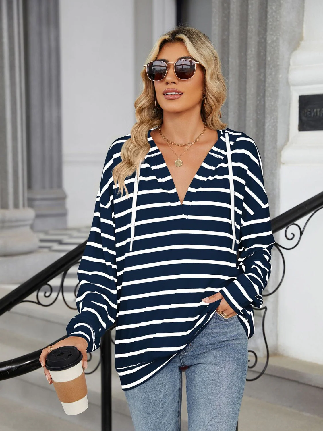 Drawstring Striped Long Sleeve Hoodie - Image 24