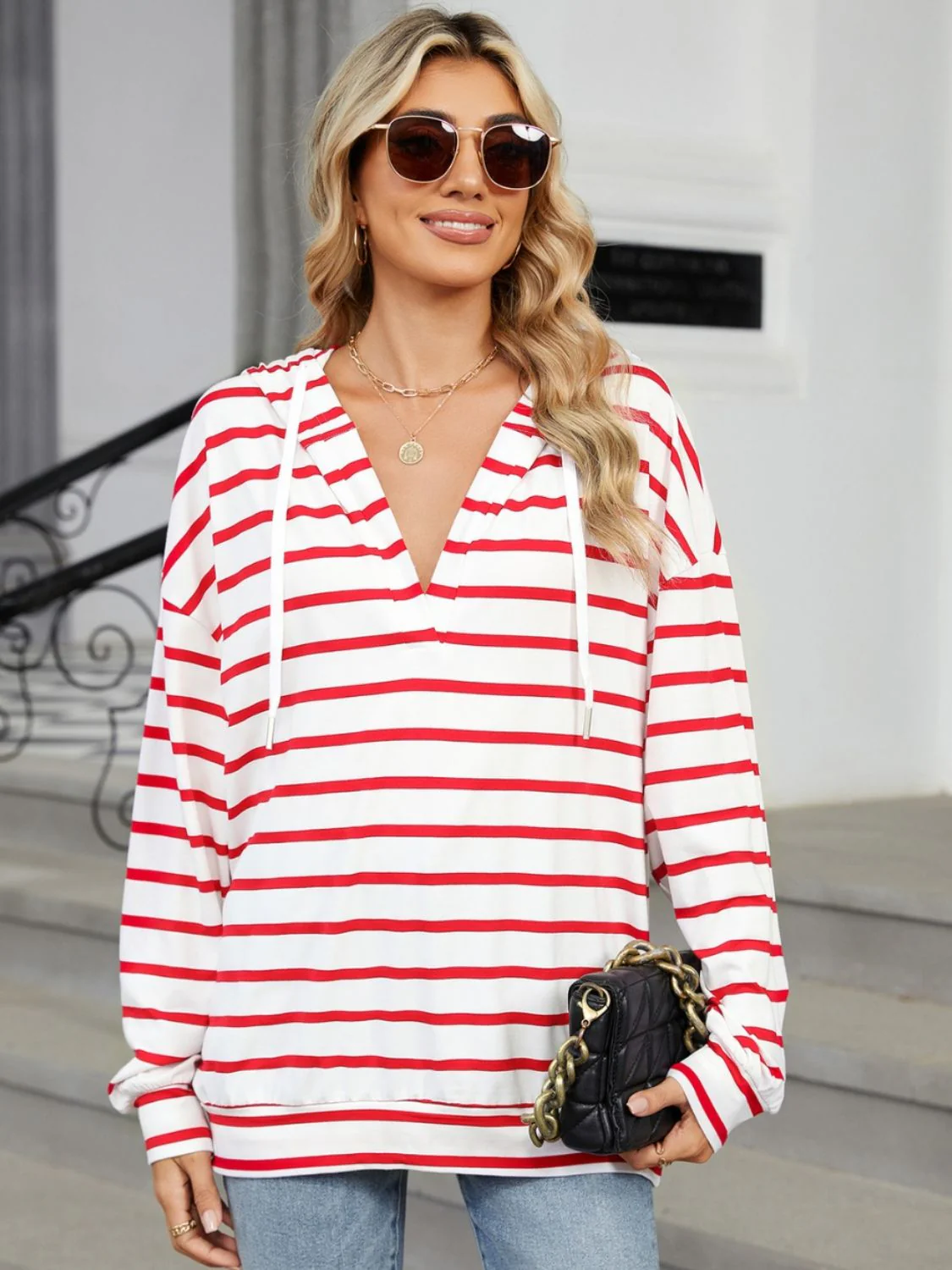 Drawstring Striped Long Sleeve Hoodie - Image 7