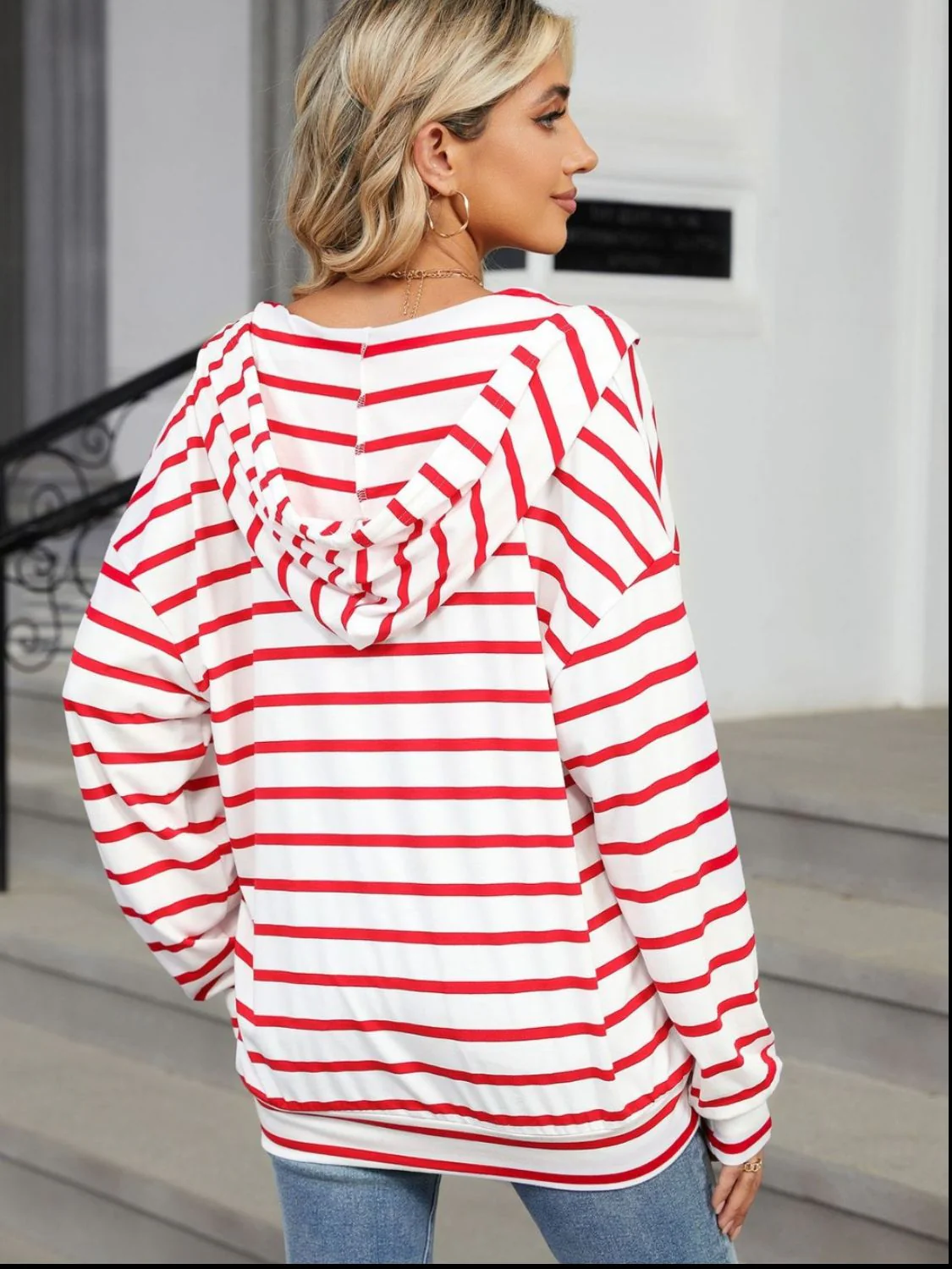 Drawstring Striped Long Sleeve Hoodie - Image 8
