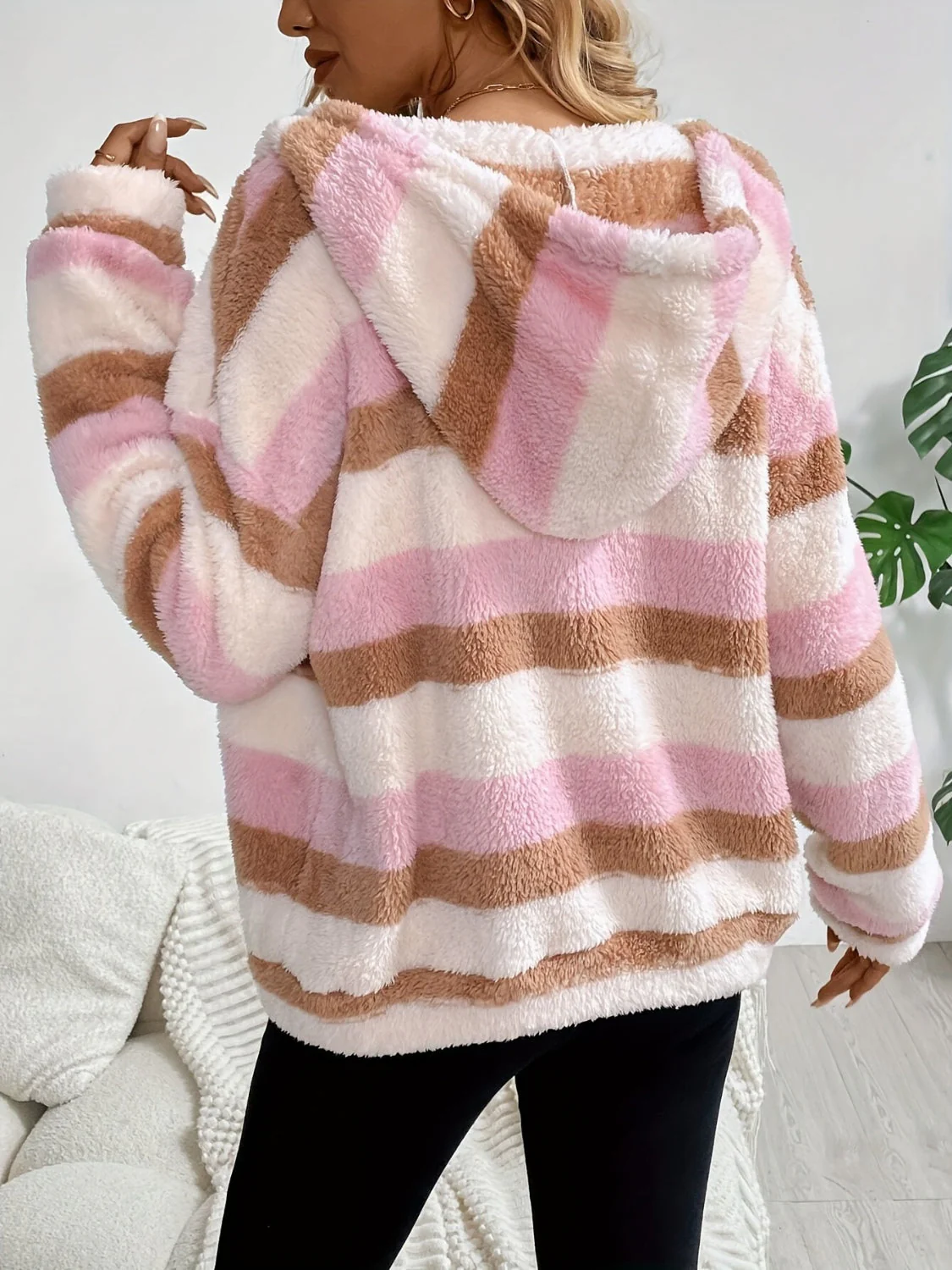 Drawstring Striped Zip Up Hooded Jacket - Image 2