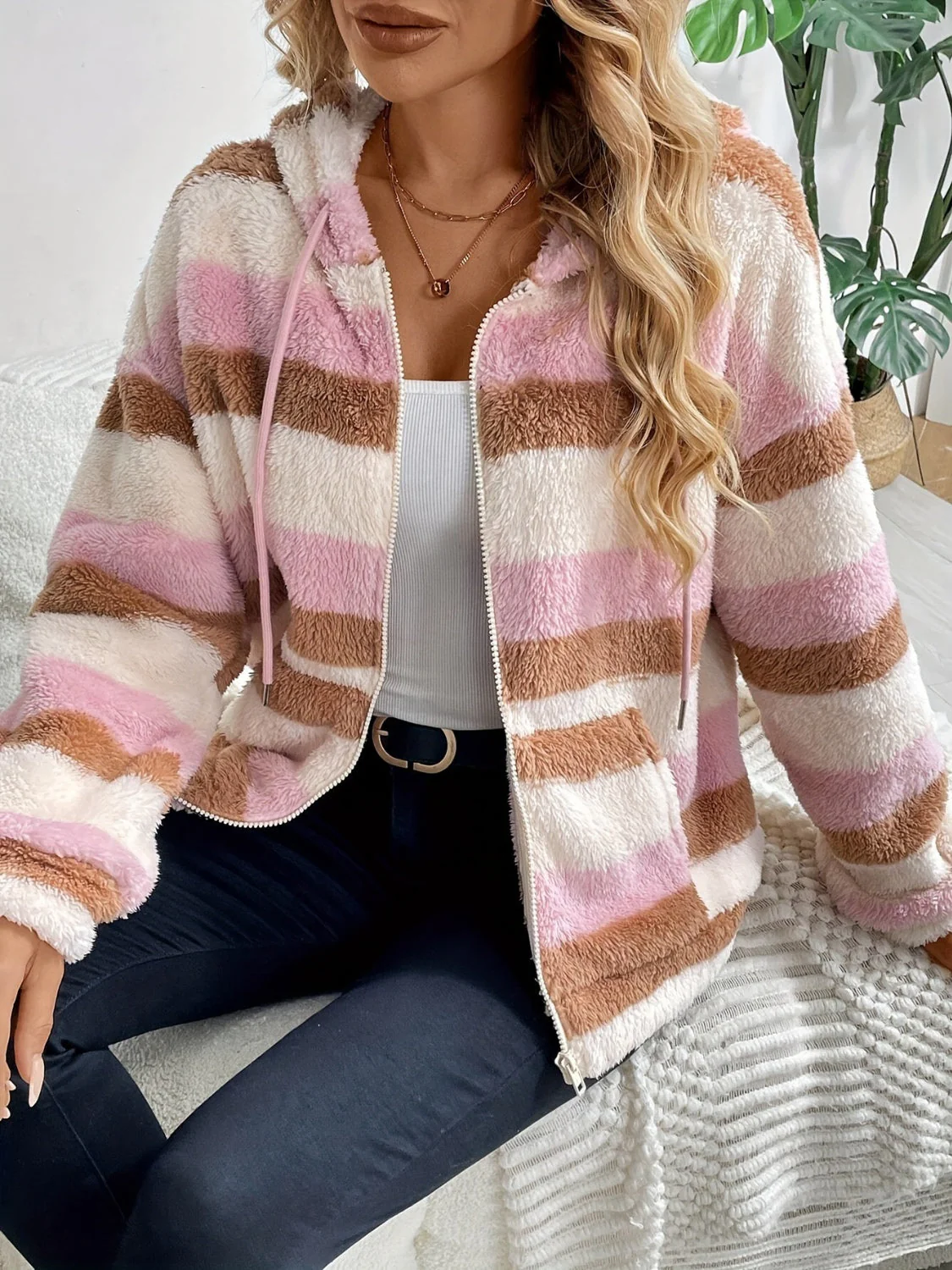 Drawstring Striped Zip Up Hooded Jacket - Image 3