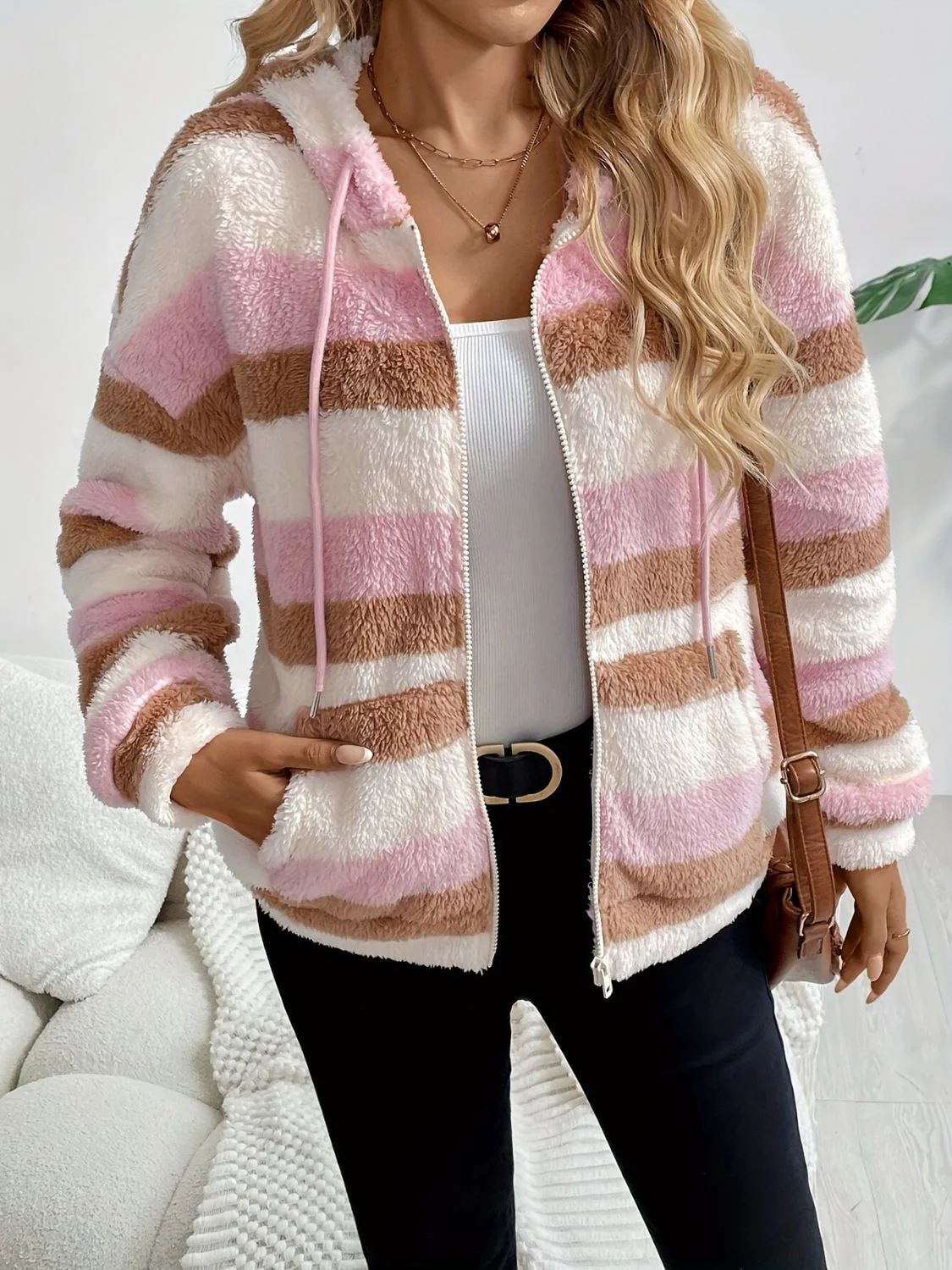 Drawstring Striped Zip Up Hooded Jacket - Image 4