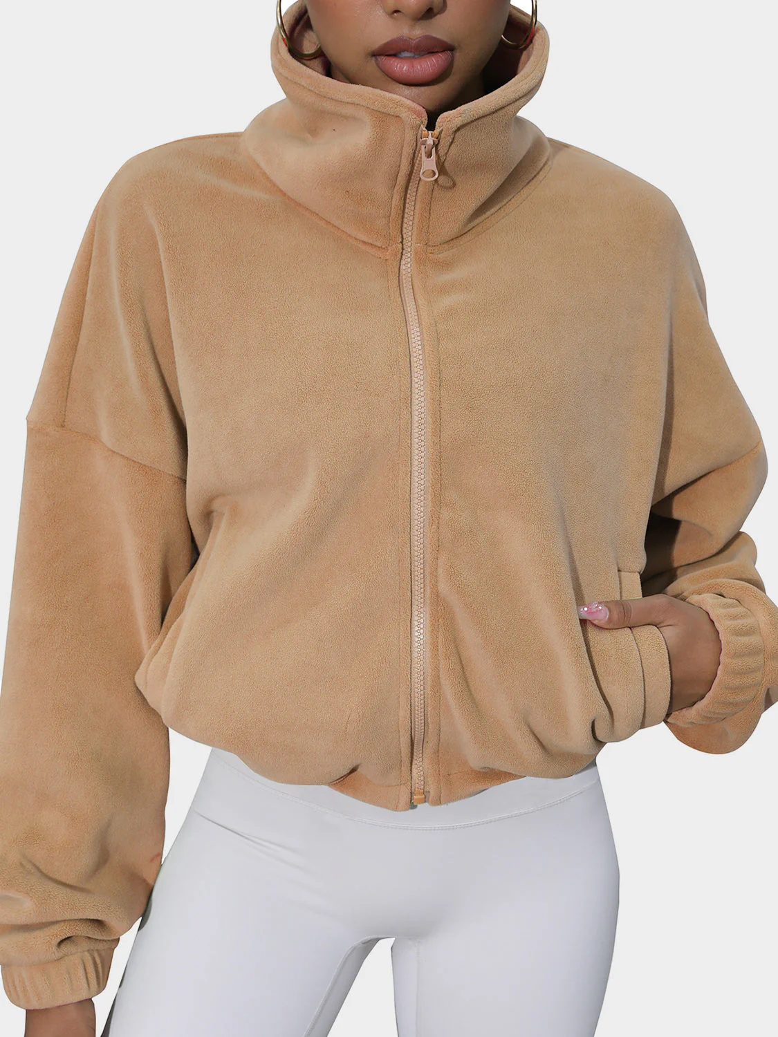 Drawstring Turtleneck Zip Up Long Sleeve Jacket - Image 10