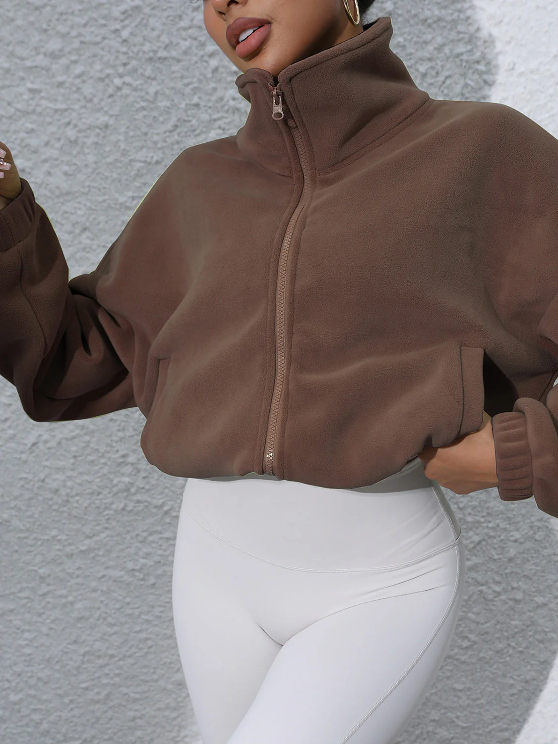 Drawstring Turtleneck Zip Up Long Sleeve Jacket - Image 3